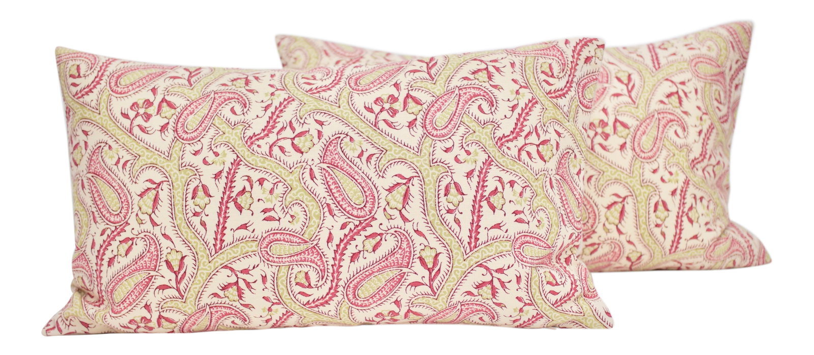 Elizabeth Benefield "Sultan's Paisley" 20" X 12" Lumbar Pillows - a Pair: Beautifully handmade pair of Elizabeth Benefield "Sultan's Paisley" 20" x 12" lumbar pillows. Features a 100% Natural linen backing from Dogwood, a down/feather insert, and an invisible zipper