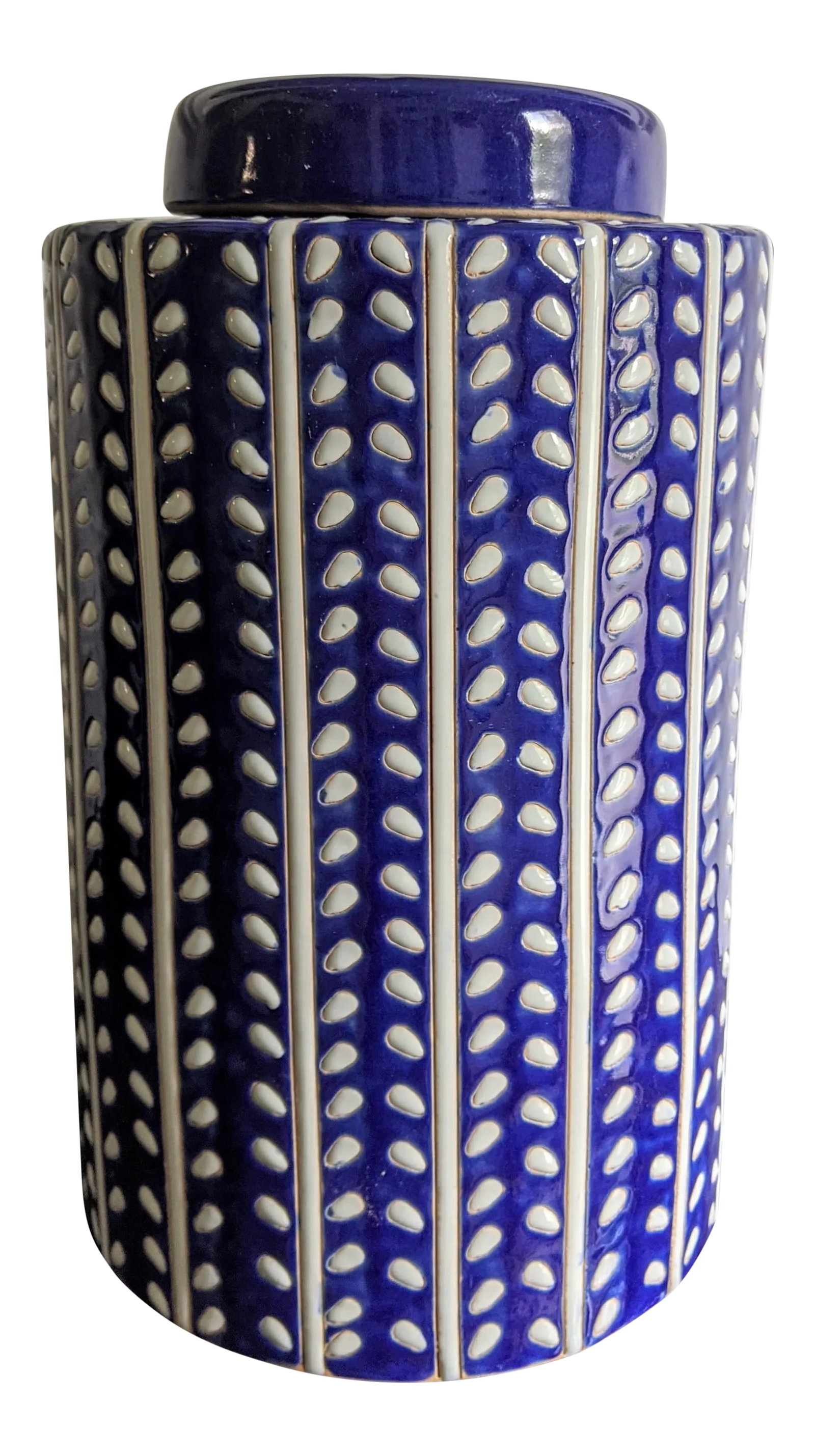 Blue and White Glazed Ceramic Urn: Striking and substantial urn featuring a modern, decorative motif. Crafted of glazed ceramic, with lid. In wonderful condition. Condition: Alterations: Original Condition Unaltered Imperfections: