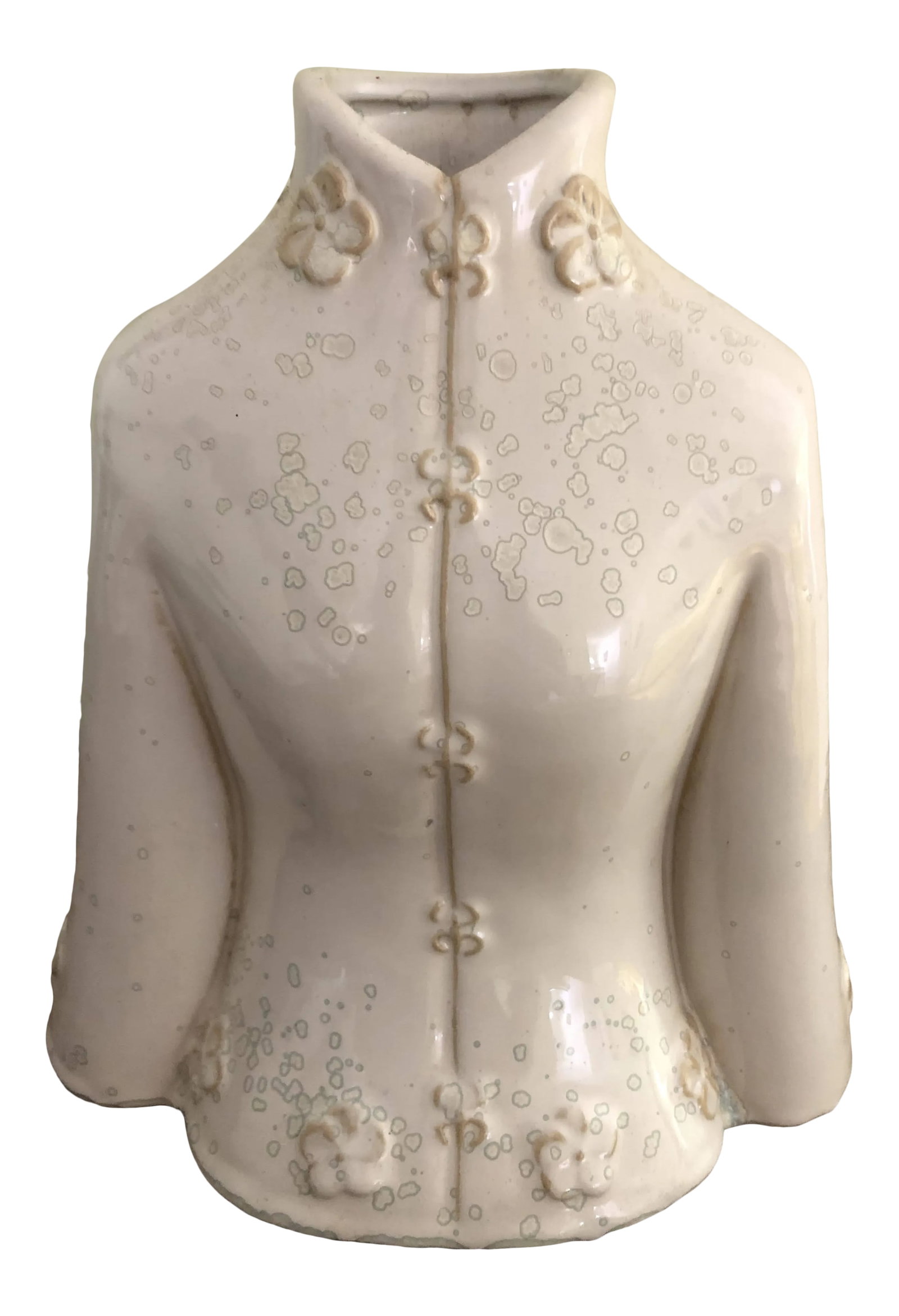 Half Bust Ceramic Vase: Very unique ceramic glazed female bust wearing an elegant high jacket. The angled collar is the opening of the vase. Base color is antique white with light blue/green (celadon) water different shaped 