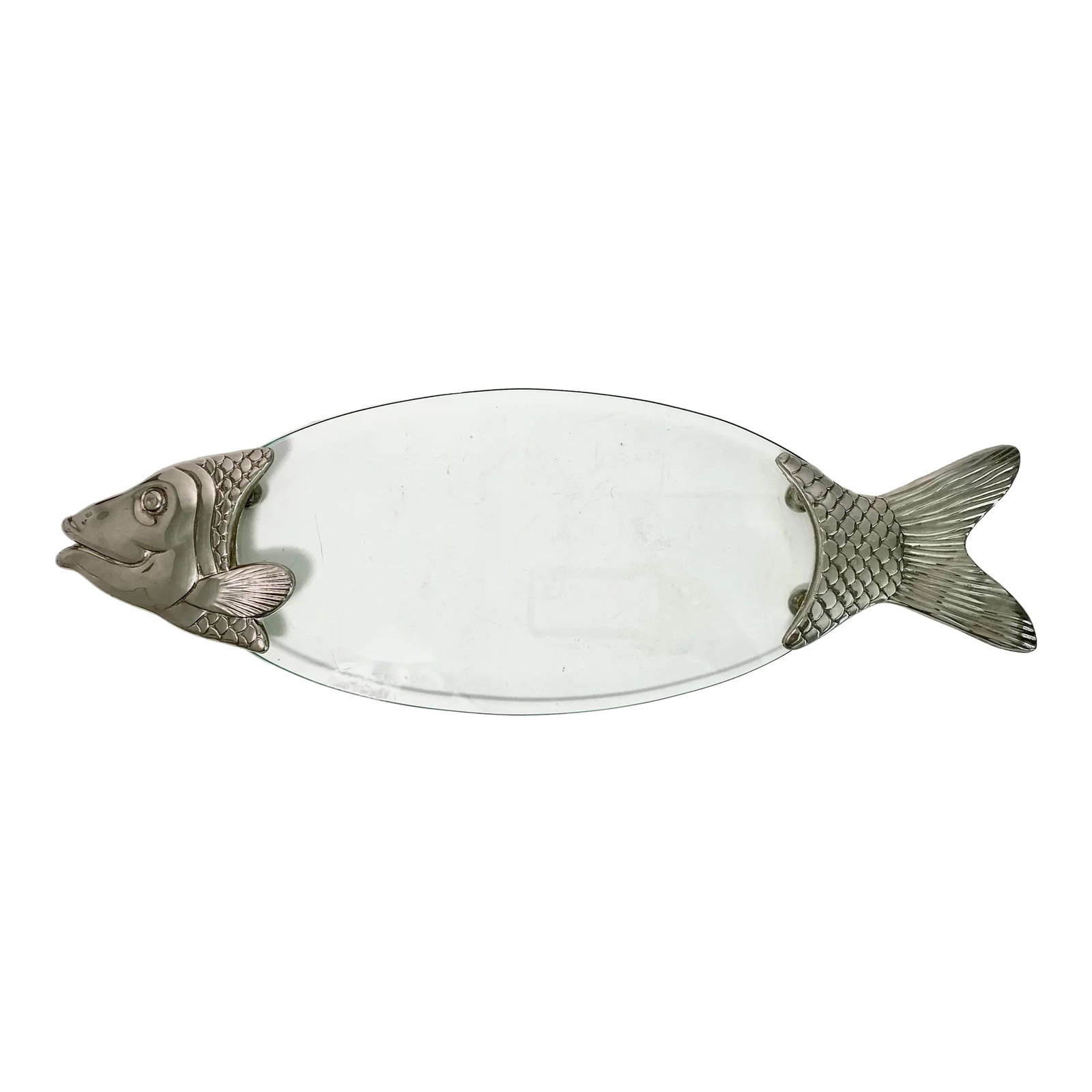 Glass Fish Platter: This thick glass platter with a polished metal detailed fish form sits on four ball feet and is perfect for serving. In excellent seemingly unused condition. 1980s France. Condition: Alterations: