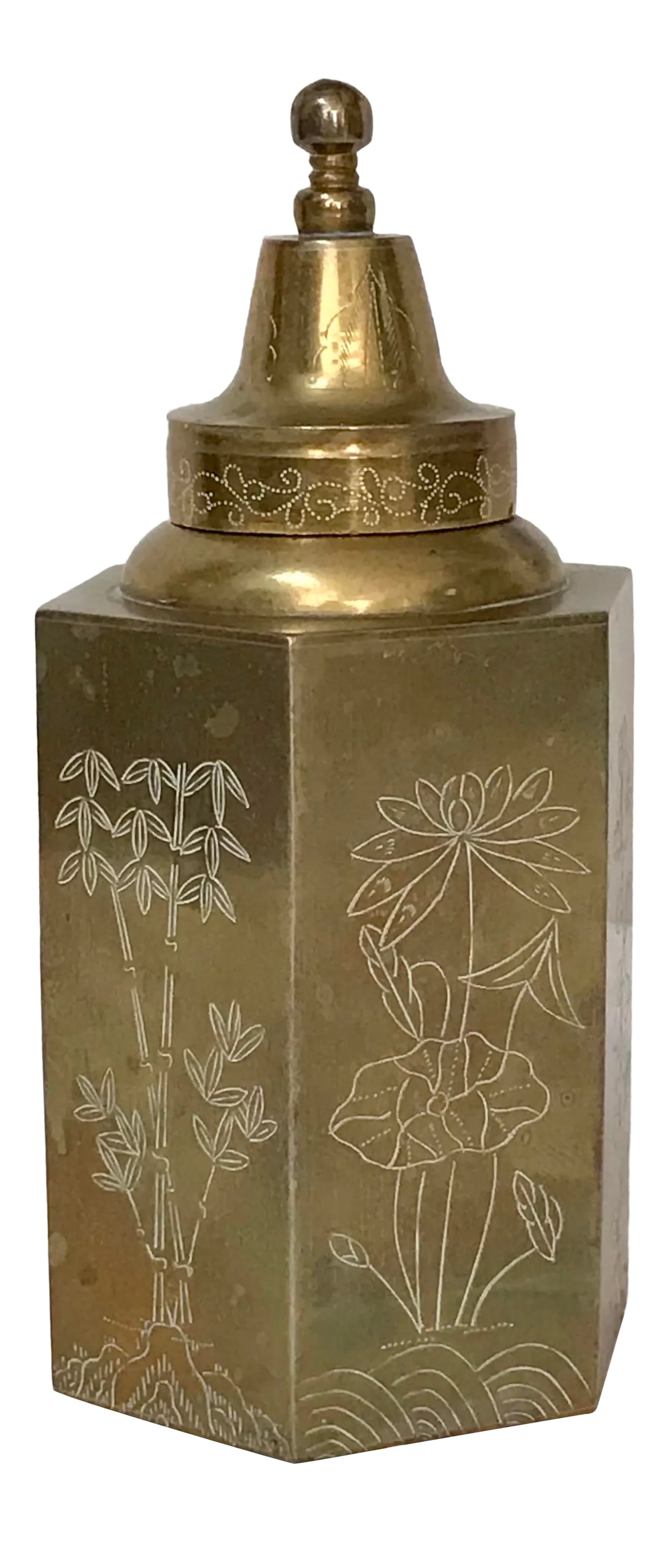 Vintage Chinese Brass Chinoiserie Engraved Tea Caddy: Hexagonal with straight sides and lift-off cover. Each side is engraved with a different variety of flower or foliage. Apparently unmarked. Condition: Alterations: Original Condition Unaltered