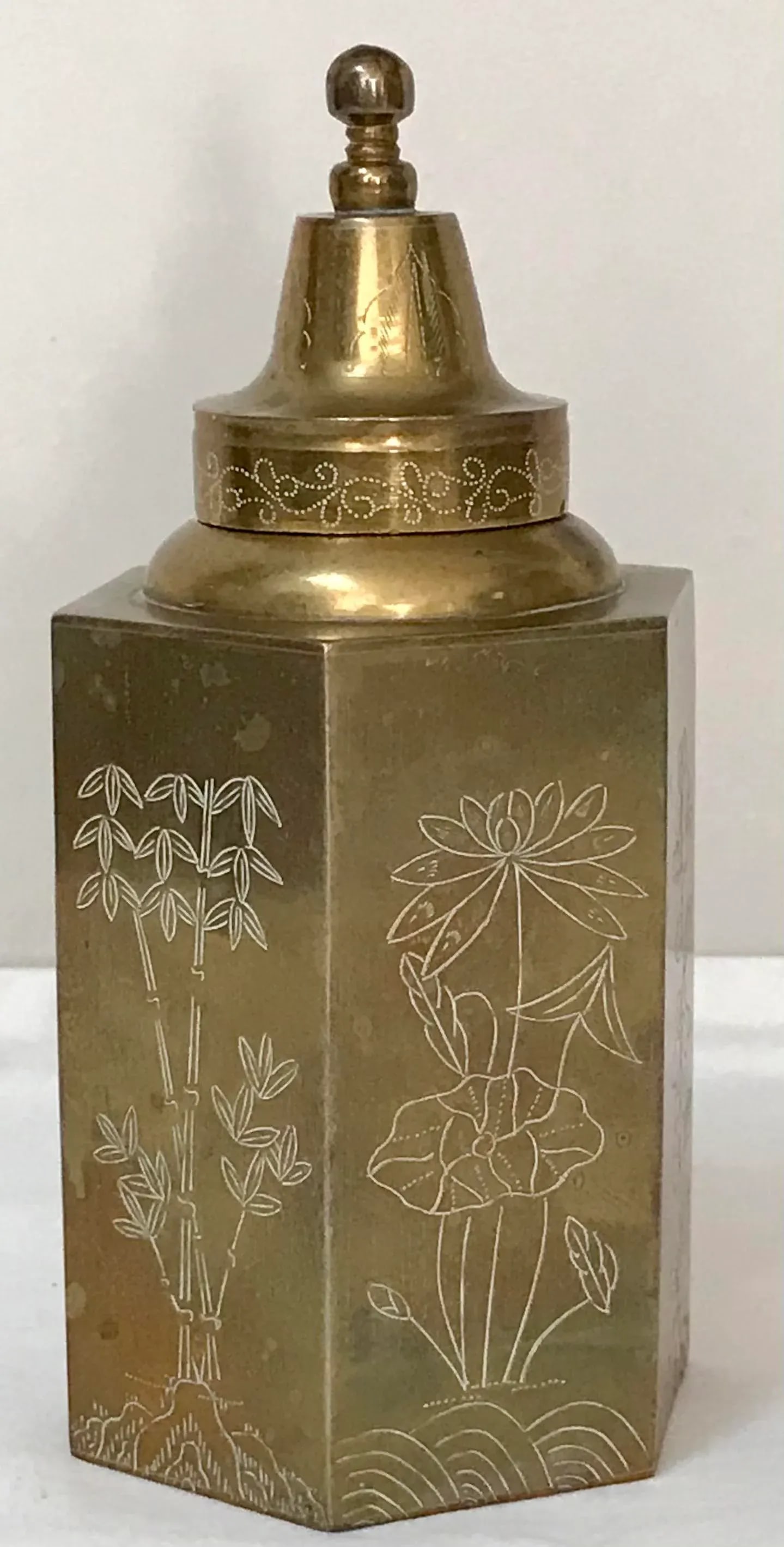 Vintage Chinese Brass Chinoiserie Engraved Tea Caddy - 7