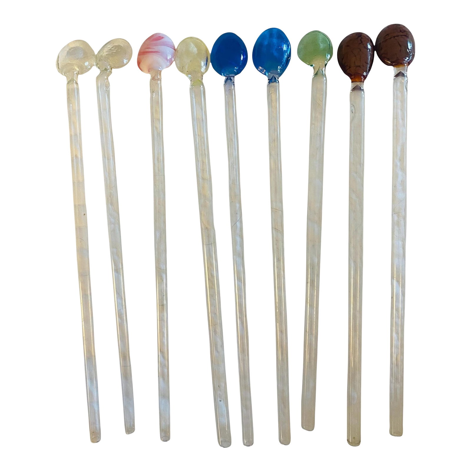 Nine Hand-Blown Murano Glass Multicolor Swizzle Sticks Stirrers: A set of 9 hand blown Murano glass swizzle sticks or stirrers in blue, pink, green, wine red, yellow and clear. Each are 7" long and the bowl is .25" wide. Excellent condition. Condition: