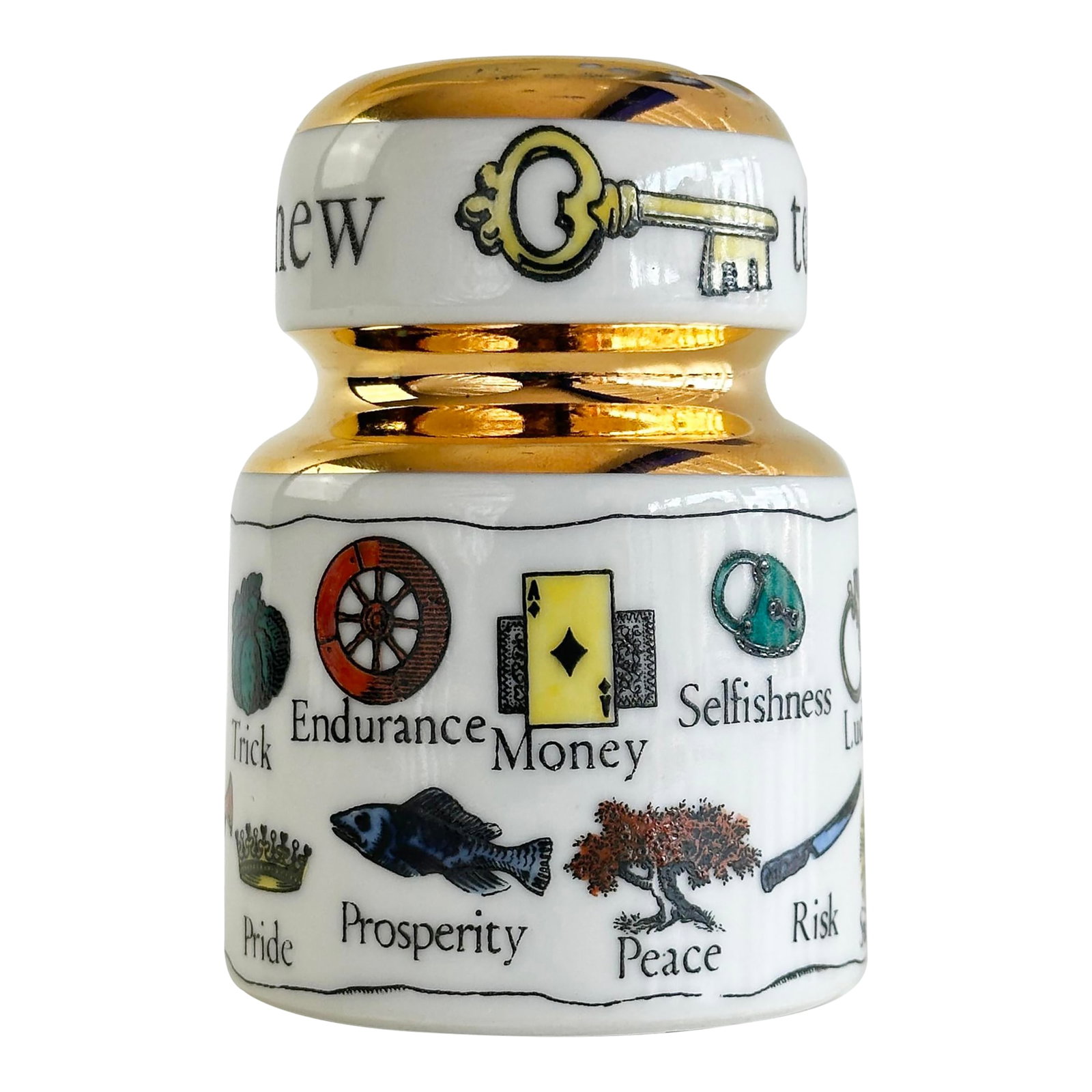 Mid-Century Fornasetti "The New Key to Dreams" Insulator Paperweight by Piero Fornasetti: Vintage circa 1950s Fornasetti insulator paperweight by Piero Fornasetti. This is a great piece from Italian designer Piero Fornasetti's line of ceramic insulators, cleverly repurposed into