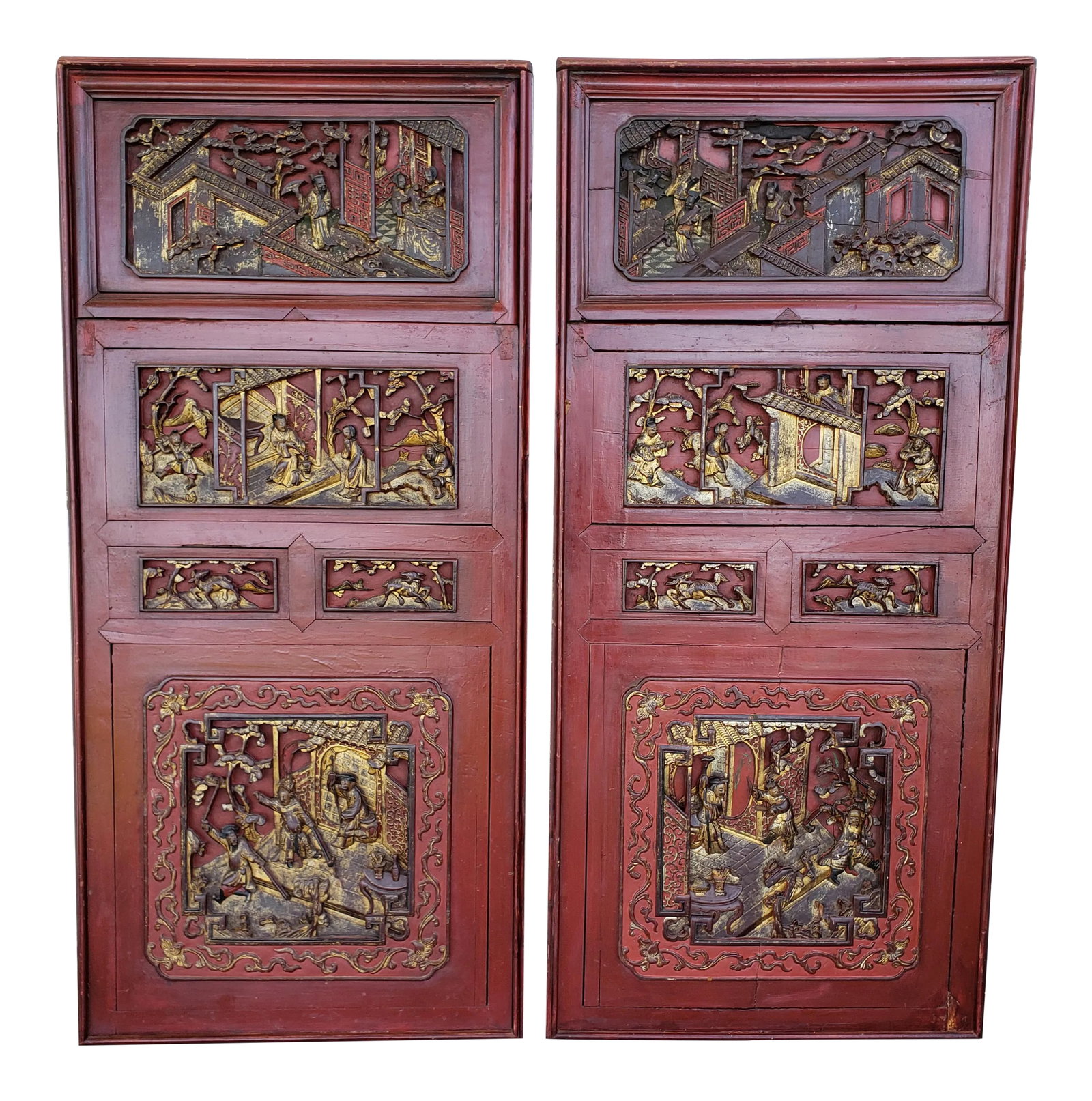 Late 19th Century Chinese Carved Gilded Lacquered Wood Imperial Court Motif Panels - a Pair: Up for sale is a Pair of Late 19th Century Chinese Carved Gilded Lacquered Wood Imperial Court Motif Panels! They each measure 44 1/2" tall, 21" wide, and 2" deep. The pair is in great overall