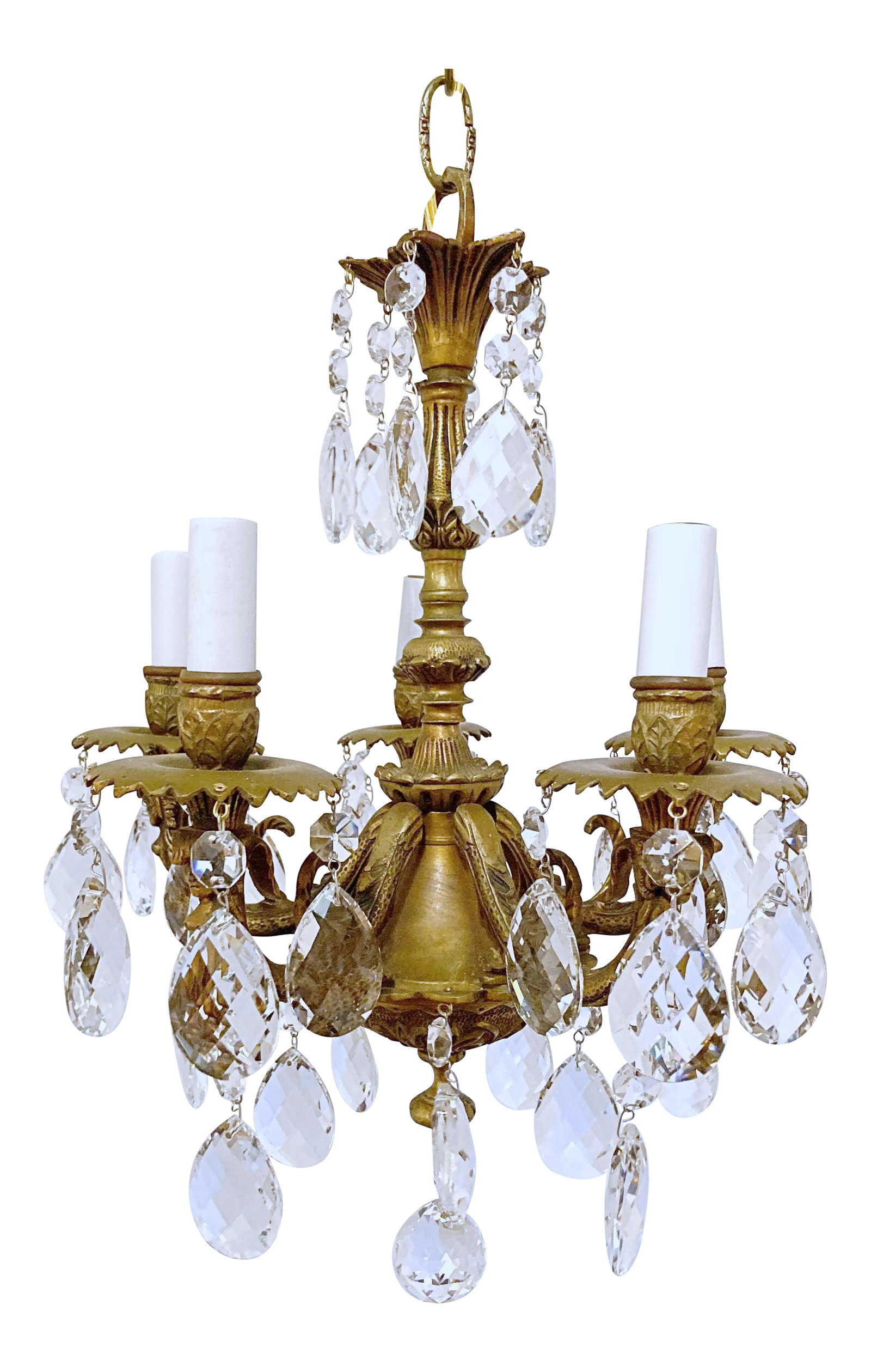 Early 20th Century Spanish Style Bronze Chandelier: Small Spanish style bronze chandelier with 30% leaded Swedish crystal prisms. It has 5 arms with candelabra base sockets. #102 Condition: Alterations: Restored Imperfections: Some Imperfections Condit