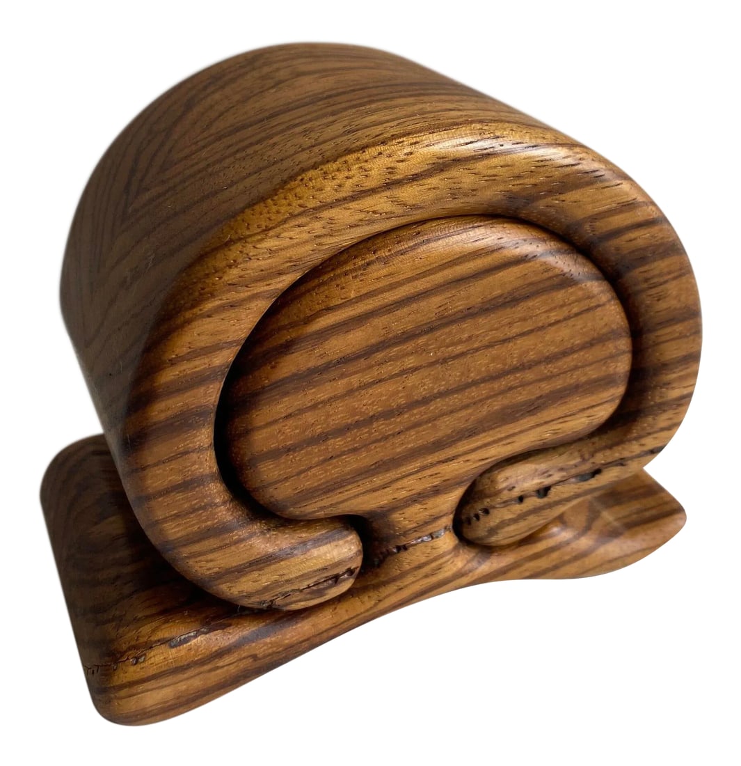 Vintage Richard Rothbard Zebra Wood Puzzle Box, Circa 1970s: Vintage Richard Rothbard Zebra Wood Puzzle Box, Circa 1970s. Sculptural carved wood with sliding lid. Felt lined interior. Signed "RR" Condition: Alterations: Original Condition Unaltered