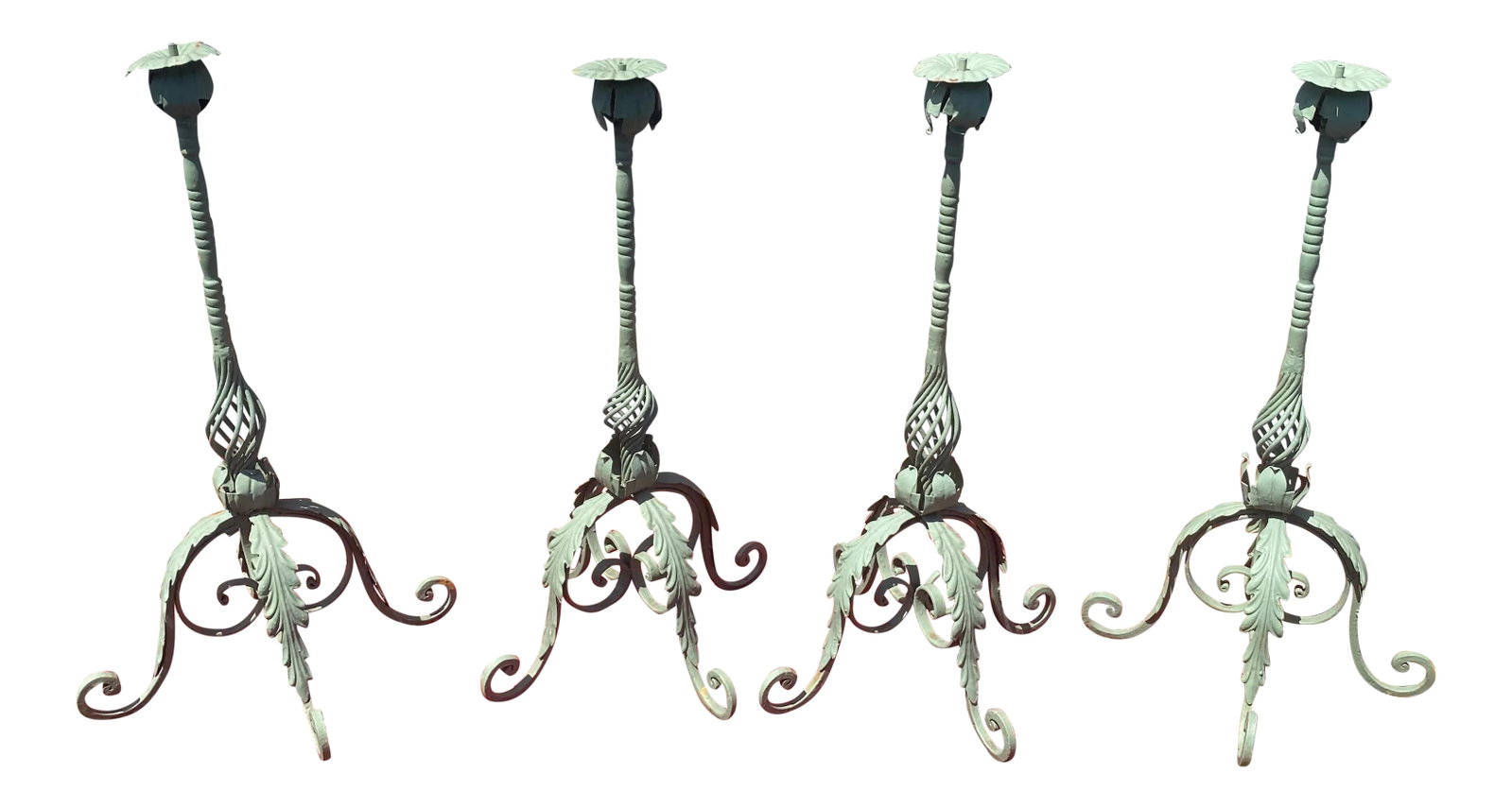 Antique Iron Acanthus Floor Length Candle Stands With Verdigris Finish- Set of Four: Here is your opportunity to own four vintage iron floor length candle stands with a stunning faux verdigris patina. Reminiscent of the Old World, particularly of the French or Italian variety. Would w