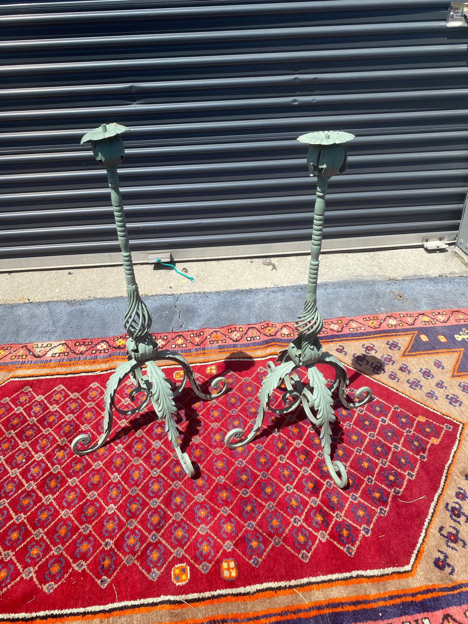 Antique Iron Acanthus Floor Length Candle Stands With Verdigris Finish- Set of Four - 2