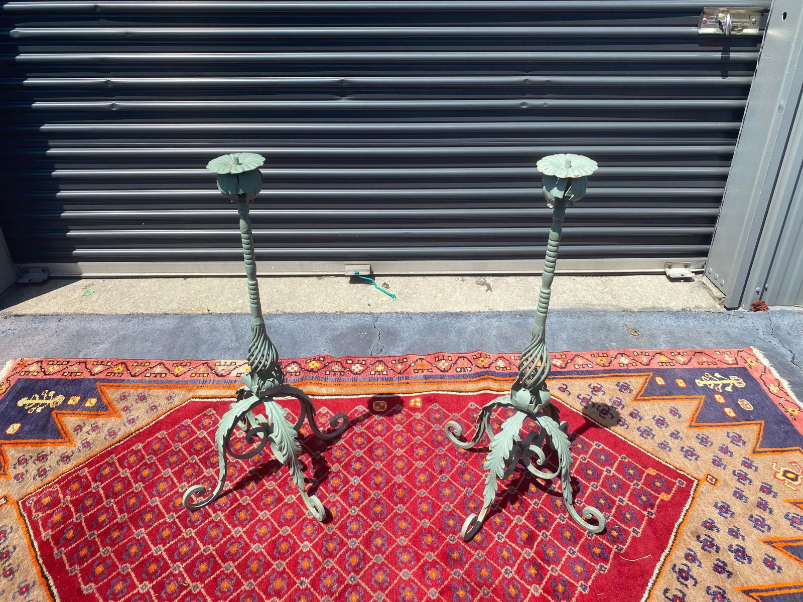 Antique Iron Acanthus Floor Length Candle Stands With Verdigris Finish- Set of Four - 6