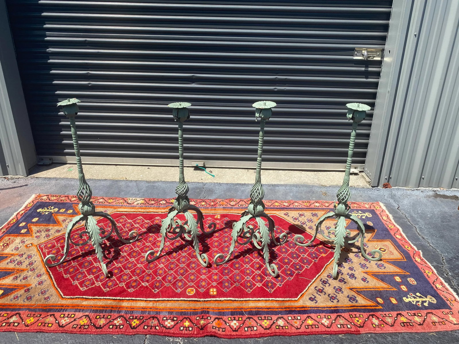 Antique Iron Acanthus Floor Length Candle Stands With Verdigris Finish- Set of Four - 7
