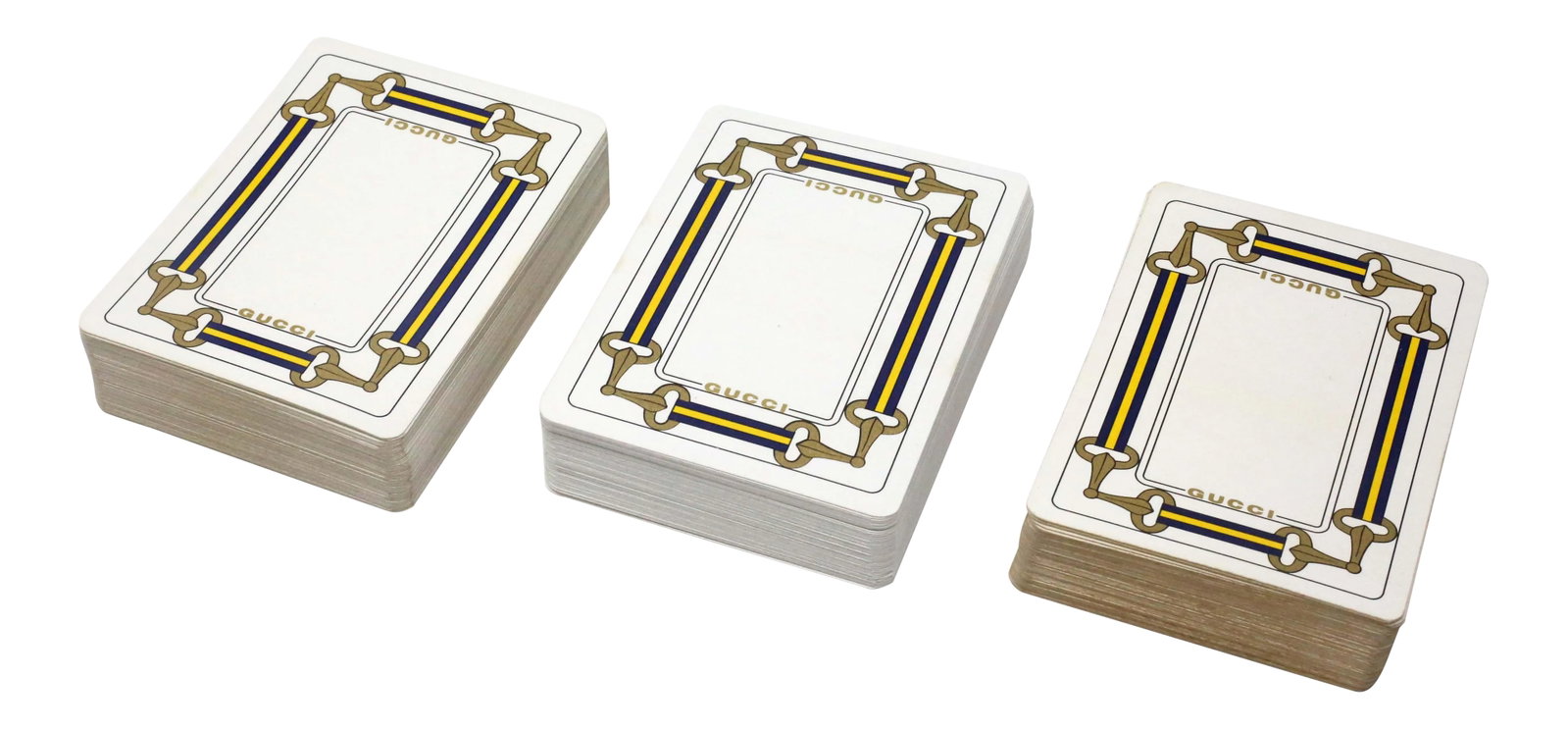 Vintage Gucci Horse Bridle Game Cards, Set of 3 Decks (Navy & Gold, Cards Only): Elevate your game night with this rare, vintage set of three decks of Gucci playing cards (2 joker cards only). The cards are a sophisticated navy and gold colorway. These are highly collectible items