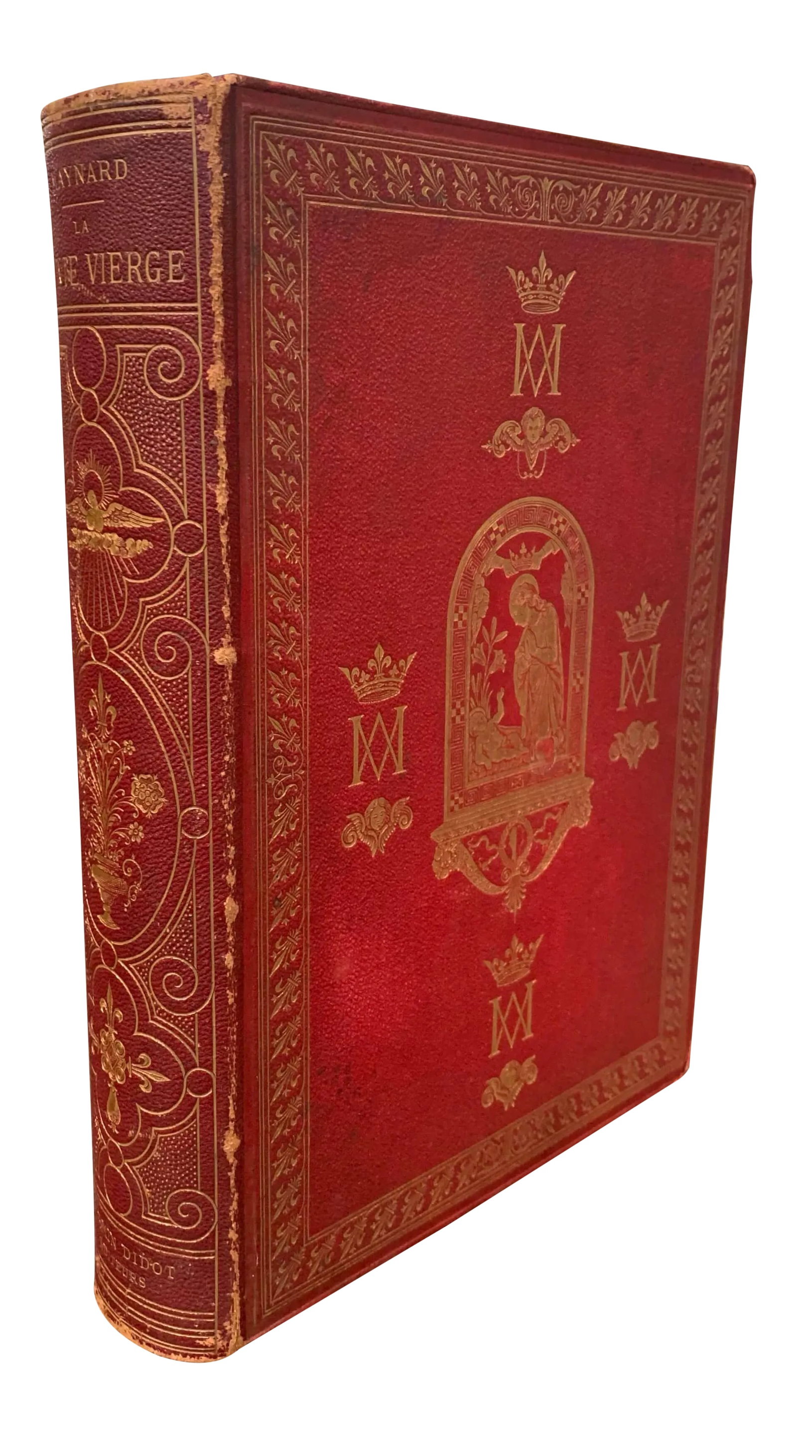 19th Century French Leather Bound and Gilt Book of the Virgin Mary: Decorate a shelf or a library with this beautiful antique red book named "La Sainte Vierge"; crafted in Paris, France, circa 1877, the religious book depicts the life of the Virgin Mary with
