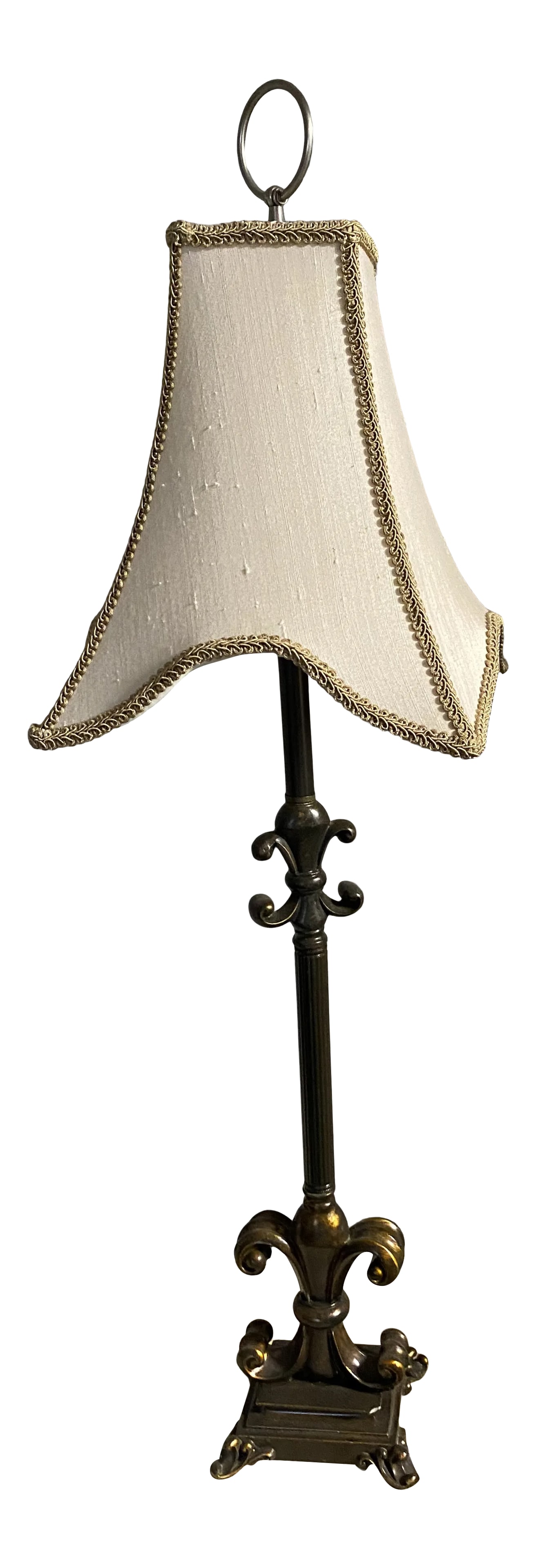 Gold Buffet Lamp: We used this vintage lamp on our dining room buffet adorned with our grandkid photograph's. Lamp dimensions: Base 6 x 6 inches Height 36 inches Shade 10 x 10 inches 60 Watt bulb Lamp shade color tan