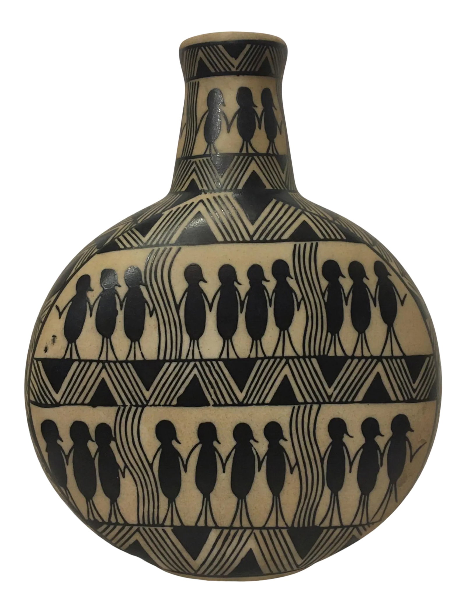 Vintage Mid-Century Figural Motif Danish Ceramic Vase: Beautiful mid-century Danish ceramic piece. This vase features a wide body with a tapered neck that leads to the pieces opening with a motif in ink black of geometric shapes along the sides with