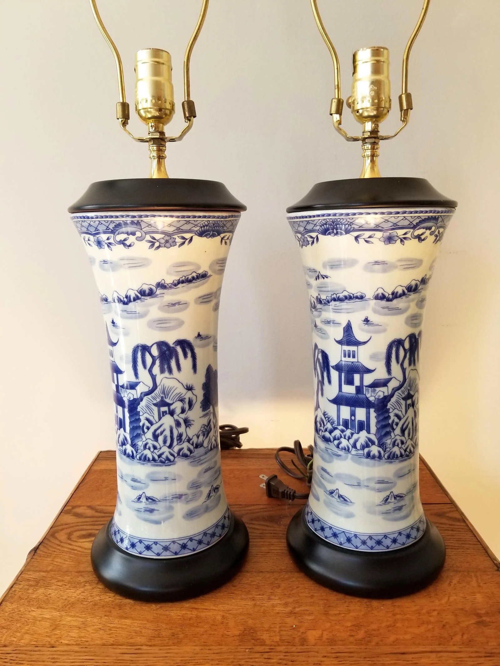 Late 20th Century Asian Brush Pot Blue and White Lamps - a Pair - 10