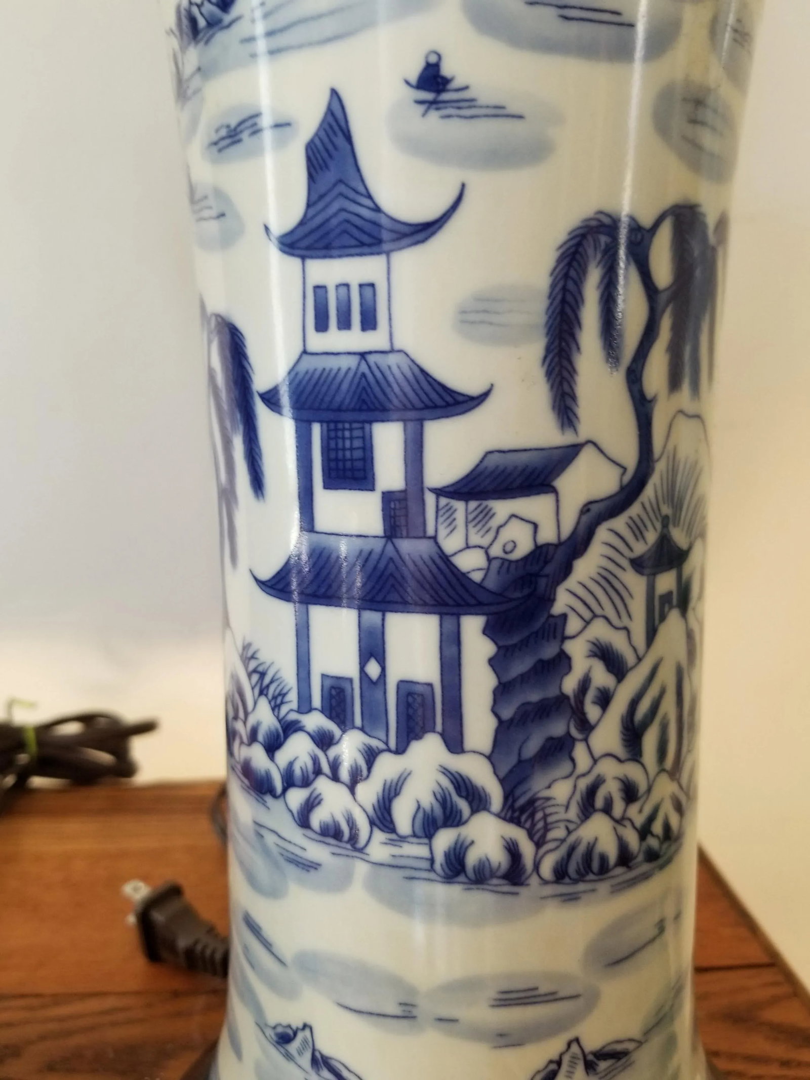 Late 20th Century Asian Brush Pot Blue and White Lamps - a Pair - 2