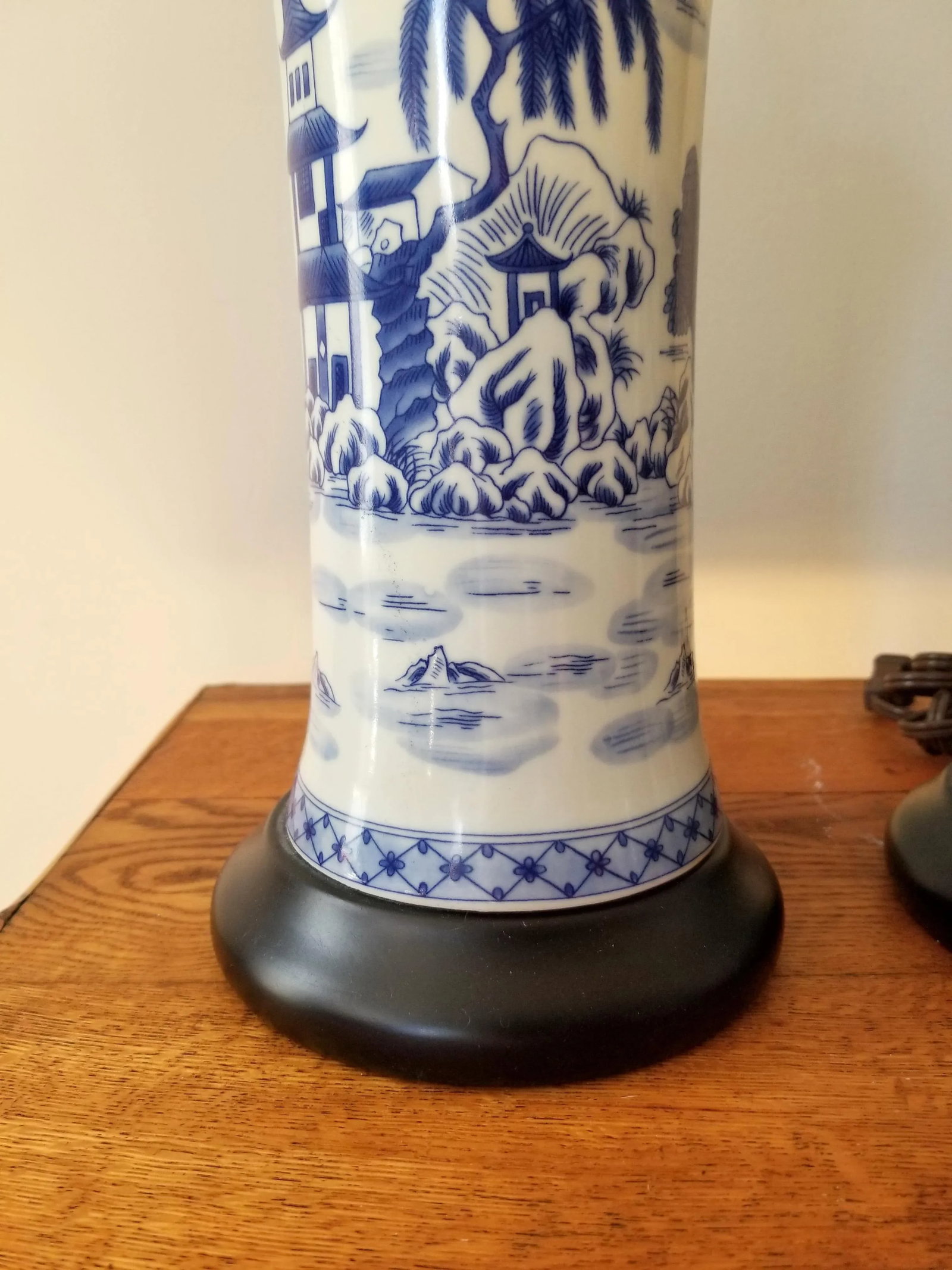 Late 20th Century Asian Brush Pot Blue and White Lamps - a Pair - 3