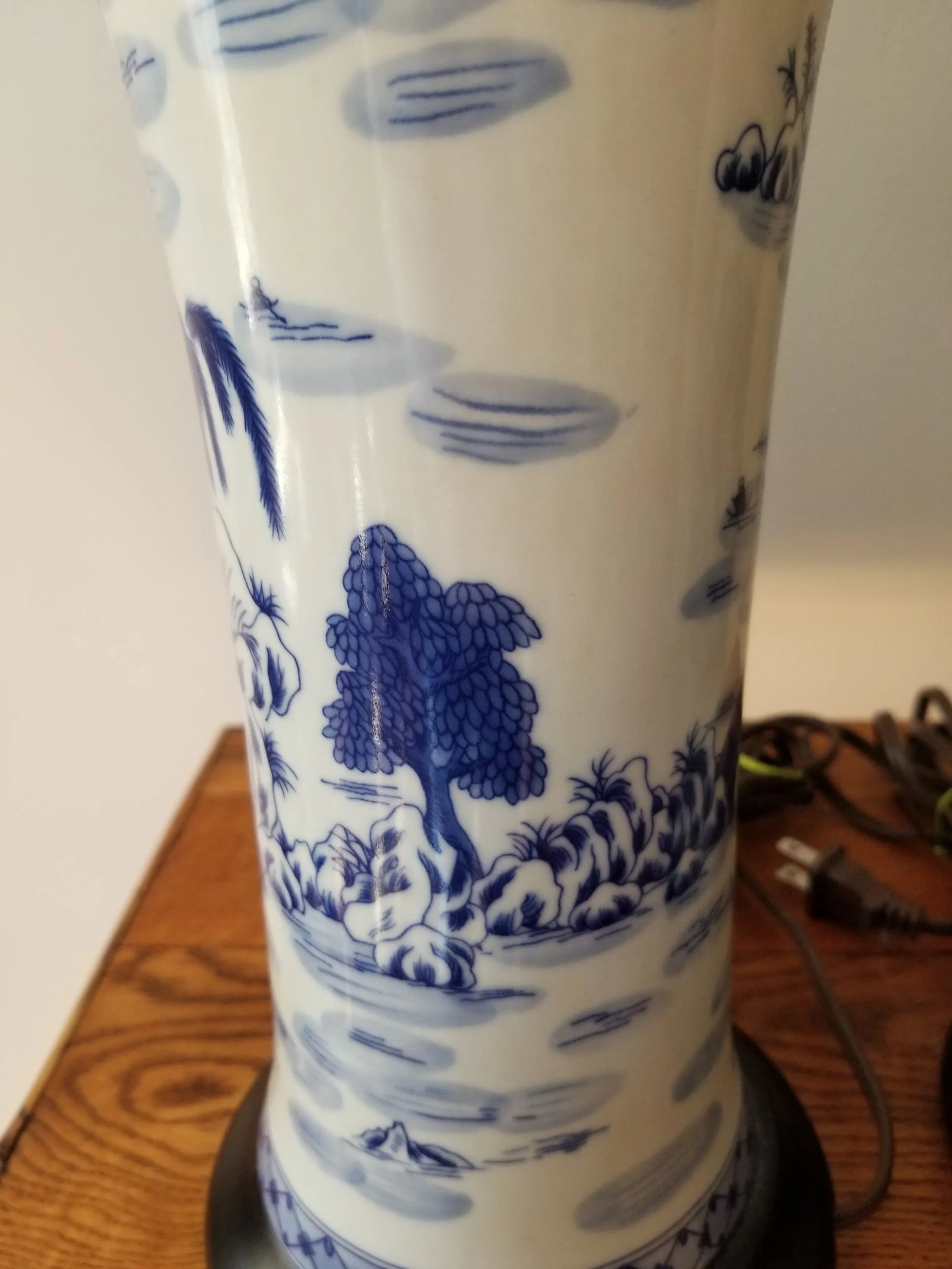 Late 20th Century Asian Brush Pot Blue and White Lamps - a Pair - 4
