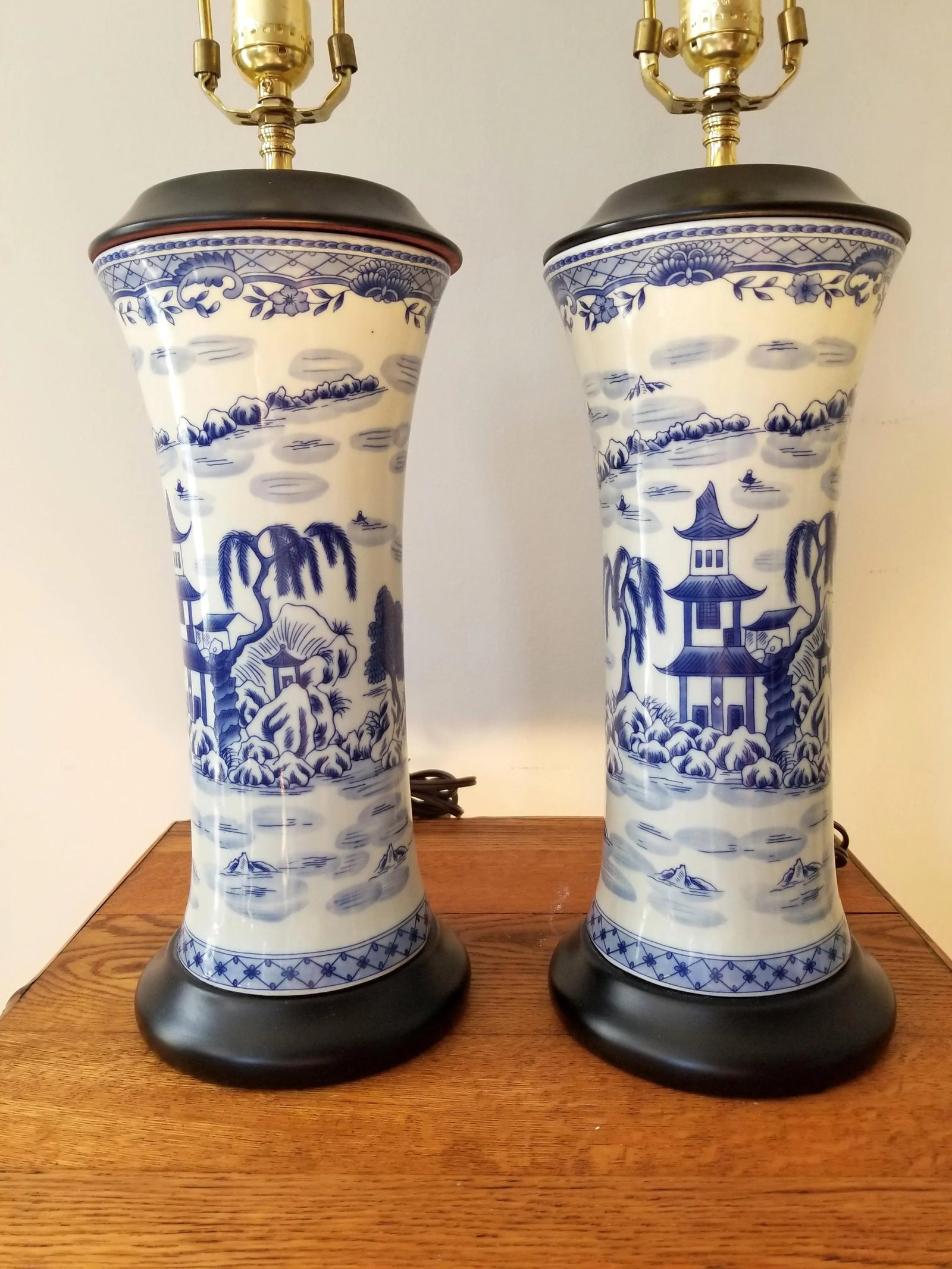 Late 20th Century Asian Brush Pot Blue and White Lamps - a Pair - 7