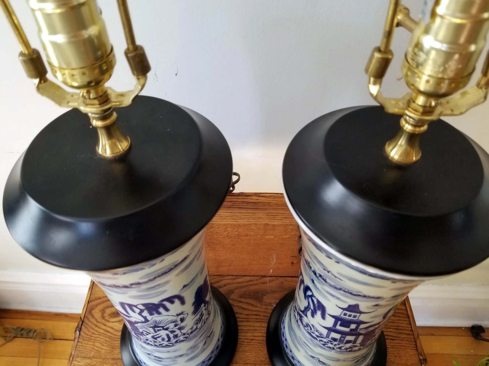 Late 20th Century Asian Brush Pot Blue and White Lamps - a Pair - 8