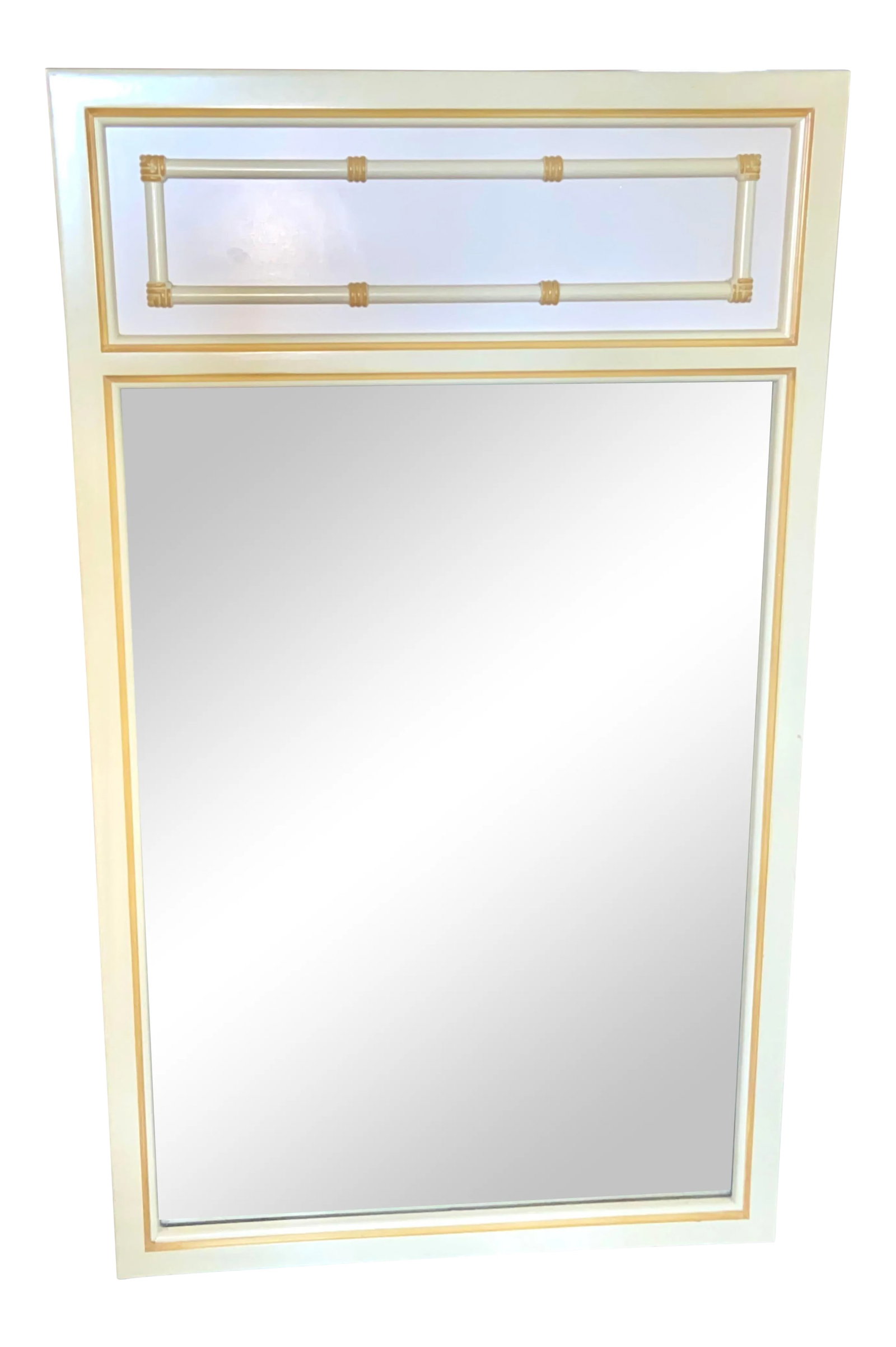 1970s Palm Beach Regency Faux Bamboo Mirror: Vintage faux bamboo mirror. It is finished in the original paint (creamy-white and trimmed in yellow). Condition: Alterations: Original Condition Unaltered Imperfections: Some Imperfections Condition
