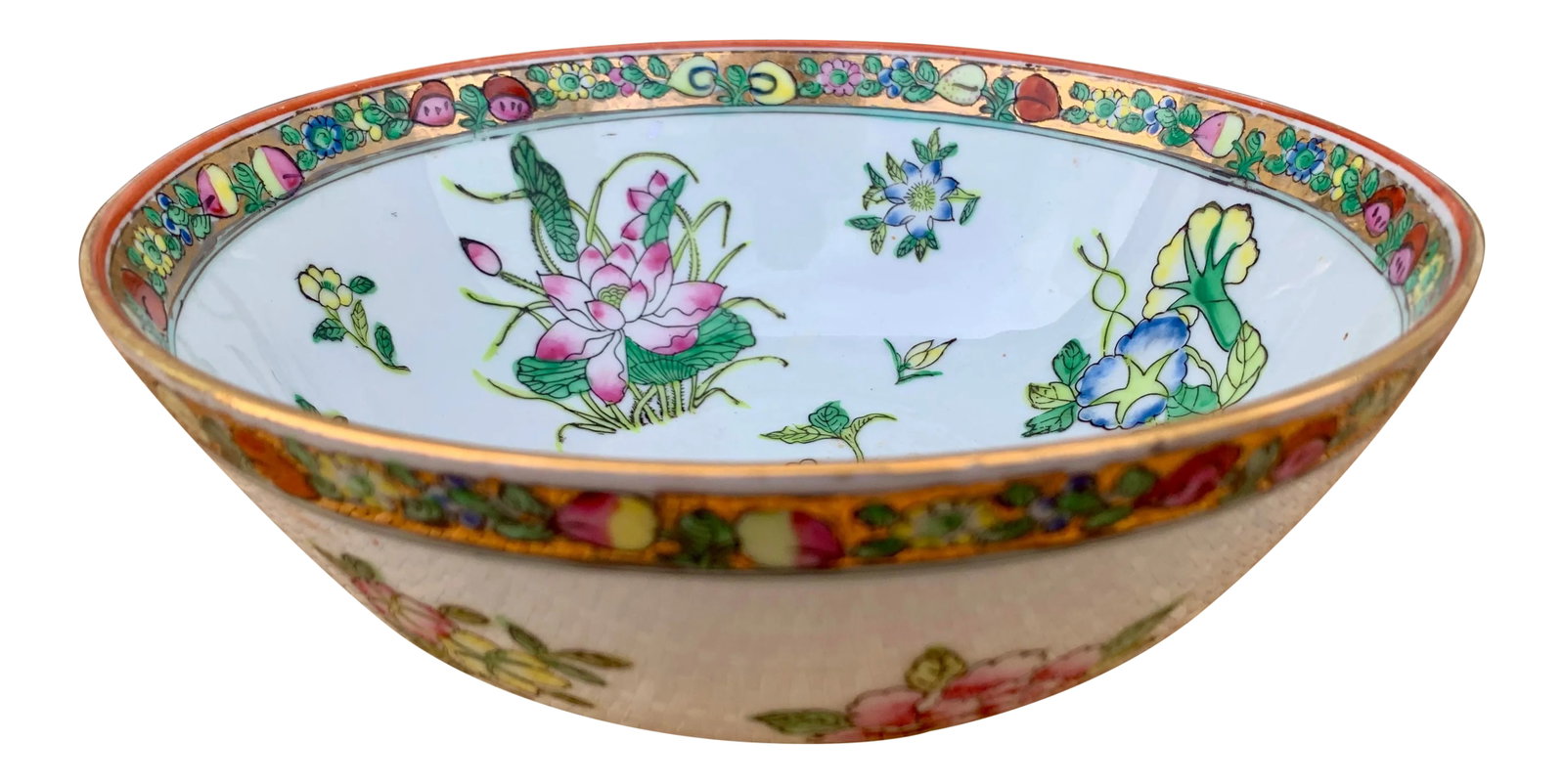 Asian Famille Rose Floral Painted Porcelain Bowl With Gilt Accents: This bowl is an excellent example of traditional Chinese porcelain ware. It is painted on both sides with various flowers including lotus, peonies, grapes, etc. There is a gold border on the inner and