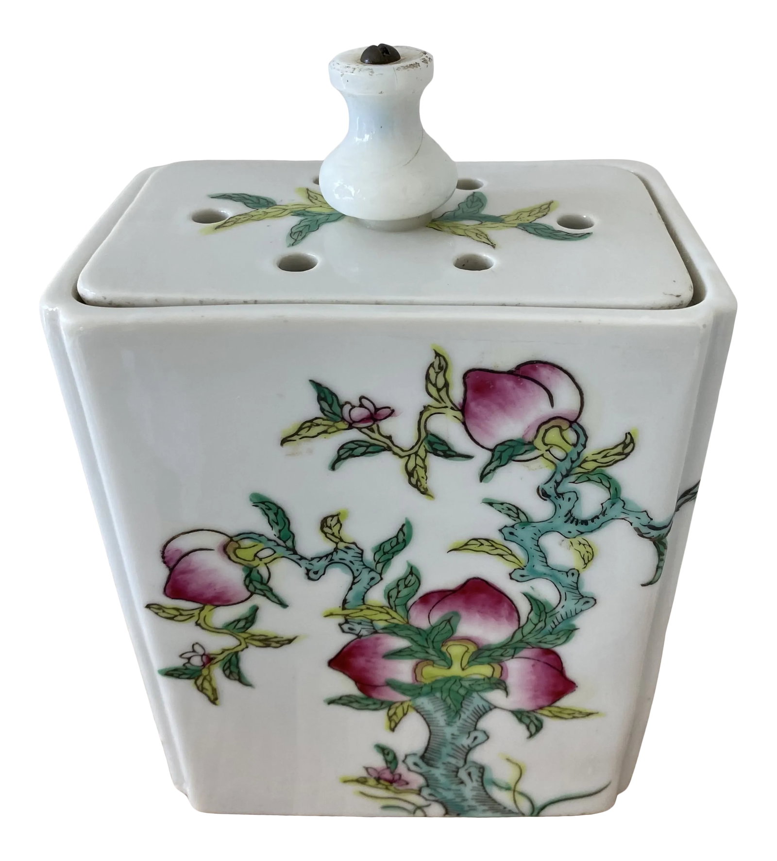 Mid 20th Century Chinoiserie Plum Jardiniere: Lovely chinoiserie plum jardiniere. Flower frog for arranging flowers. Great condition. No chips no breaks Condition: Alterations: Original Condition Unaltered Imperfections: Some Imperfections