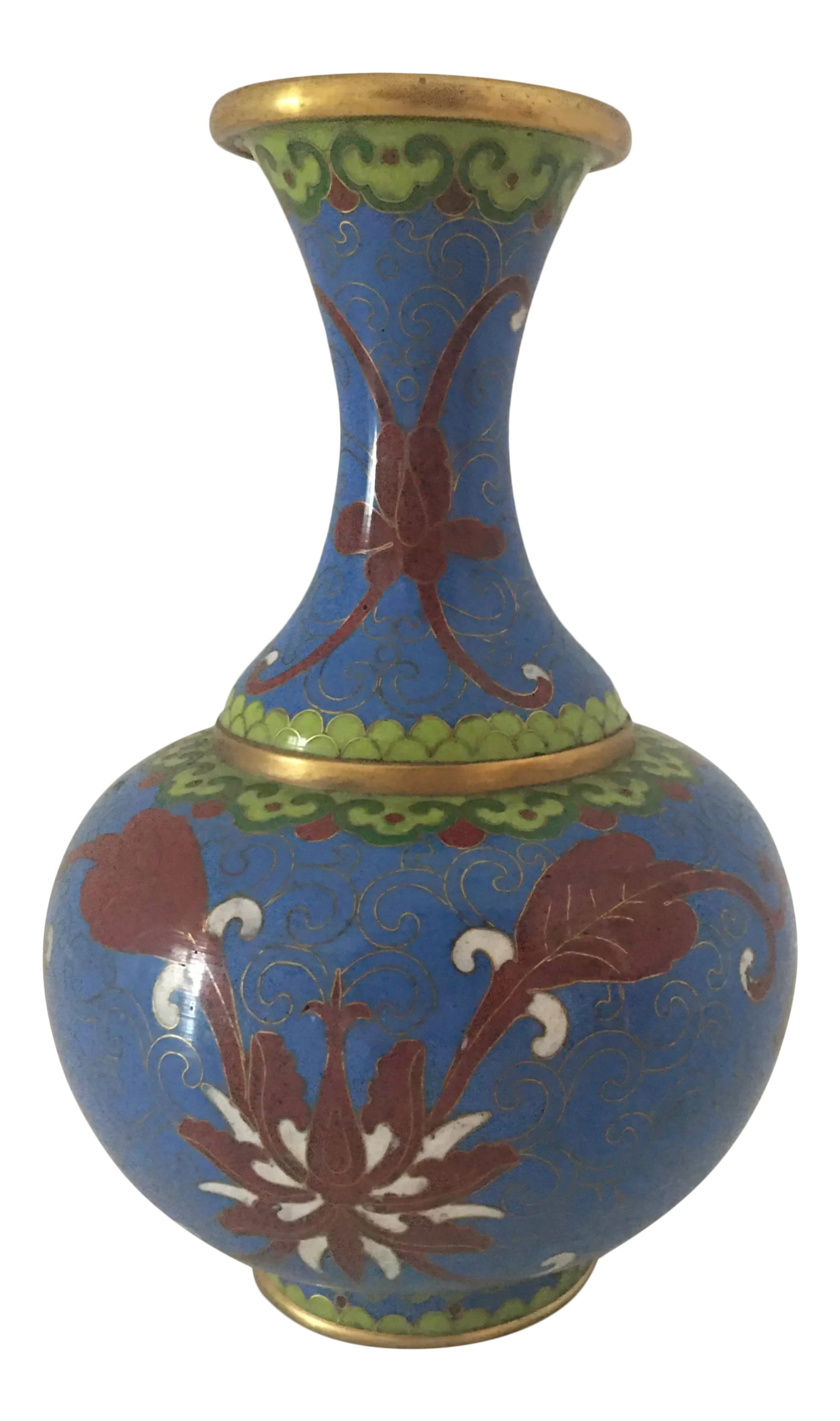 1940's Cloisonne Vase: Colorful vintage cloisonne vase in blue, green white and red metal work. No dings or dents. Circa 1940's. Measure 6.25" x 4" x 4 " Thank you ! Condition: Alterations: Original Condition Unaltered