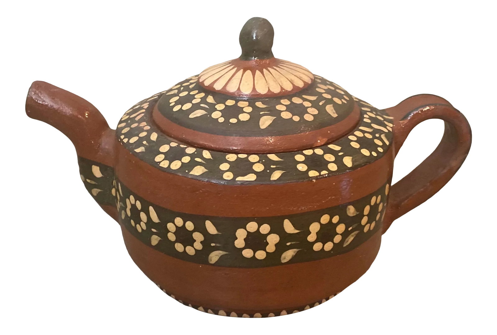 Mid 20th Century Mexican Bandera Ware Decorated Teapot: Decorative Mexican bandera or red ware teapot with lid. Condition: Alterations: Original Condition Unaltered Imperfections: Some Imperfections Condition Notes: One small flake at the rim of the lid,
