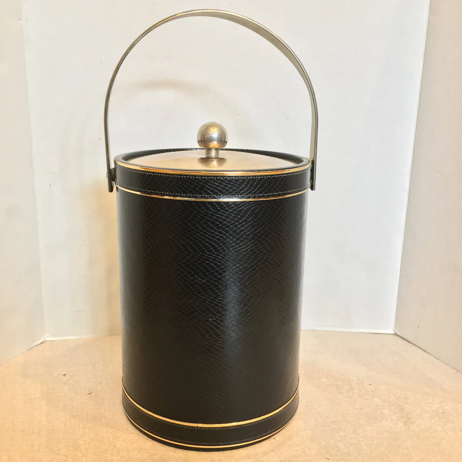 Vintage Mid Century Tall Faux Leather Ice Bucket - 12