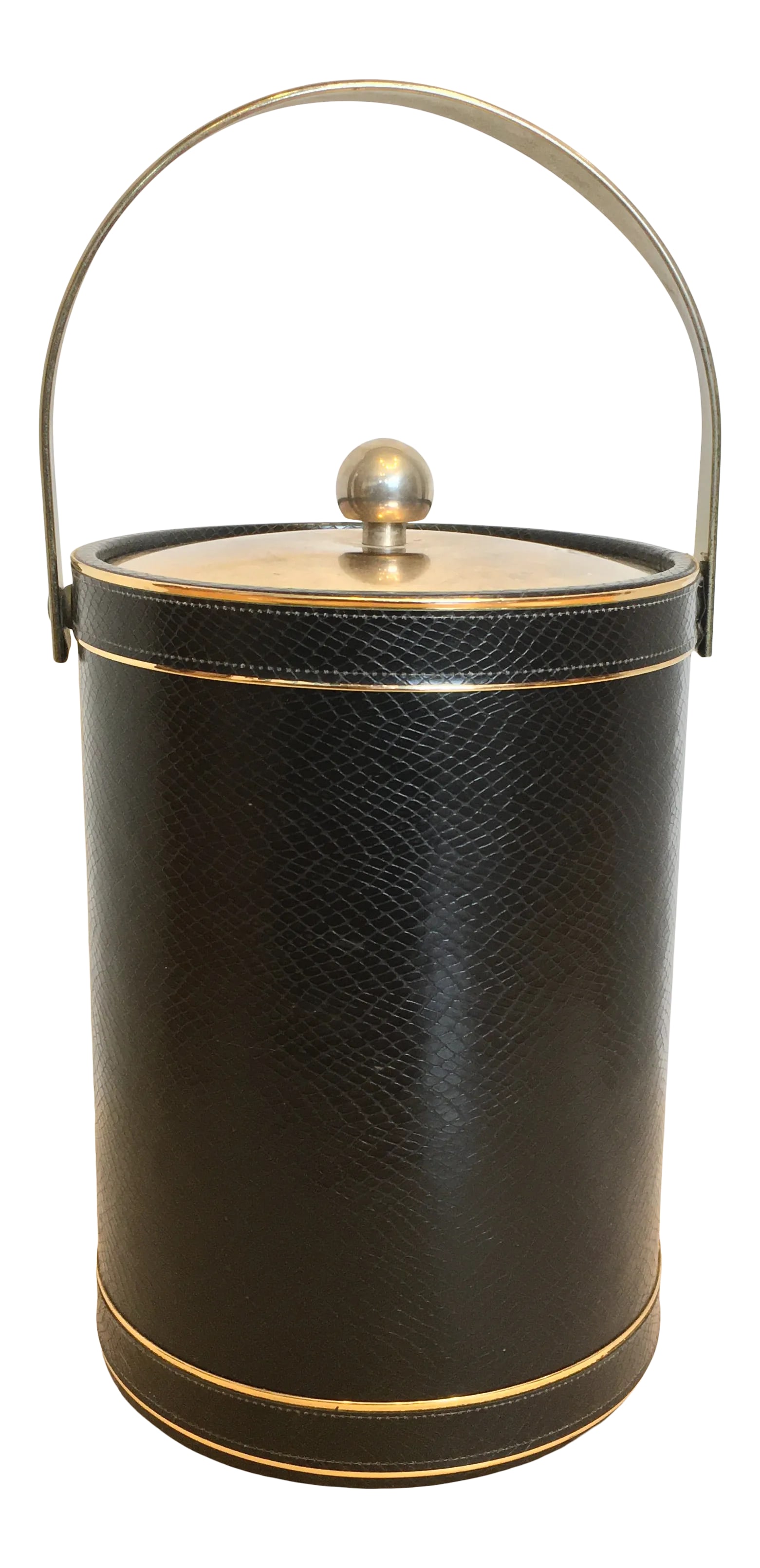 Vintage Mid Century Tall Faux Leather Ice Bucket: Super chic faux snakeskin mid-century ice bucket. Black in color and taller than the typical vintage ice buckets. Excellent vintage condition. Bring on the bar cart! Condition: Alterations: Original