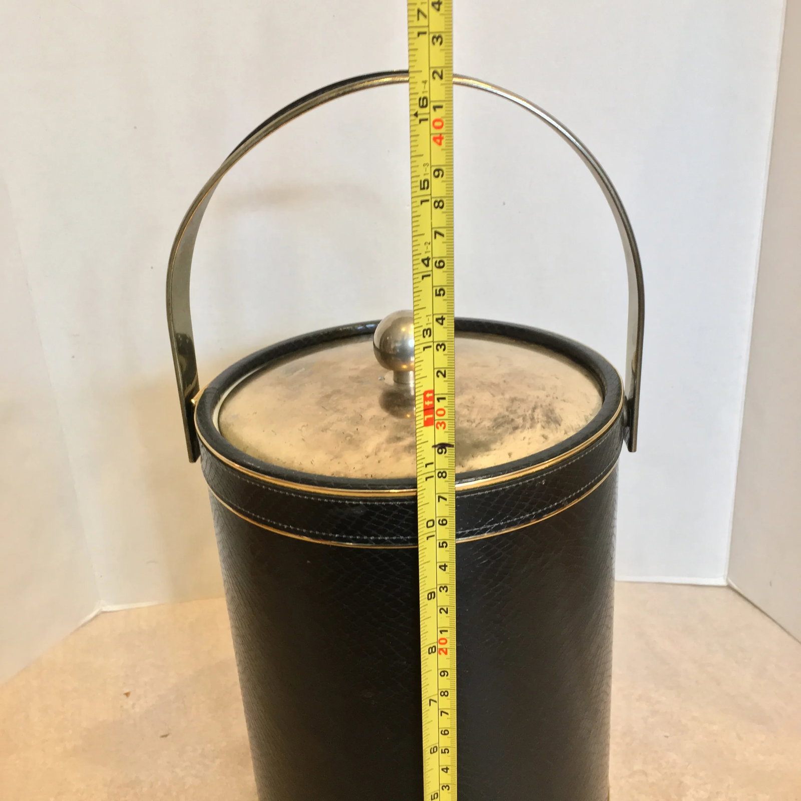 Vintage Mid Century Tall Faux Leather Ice Bucket - 9