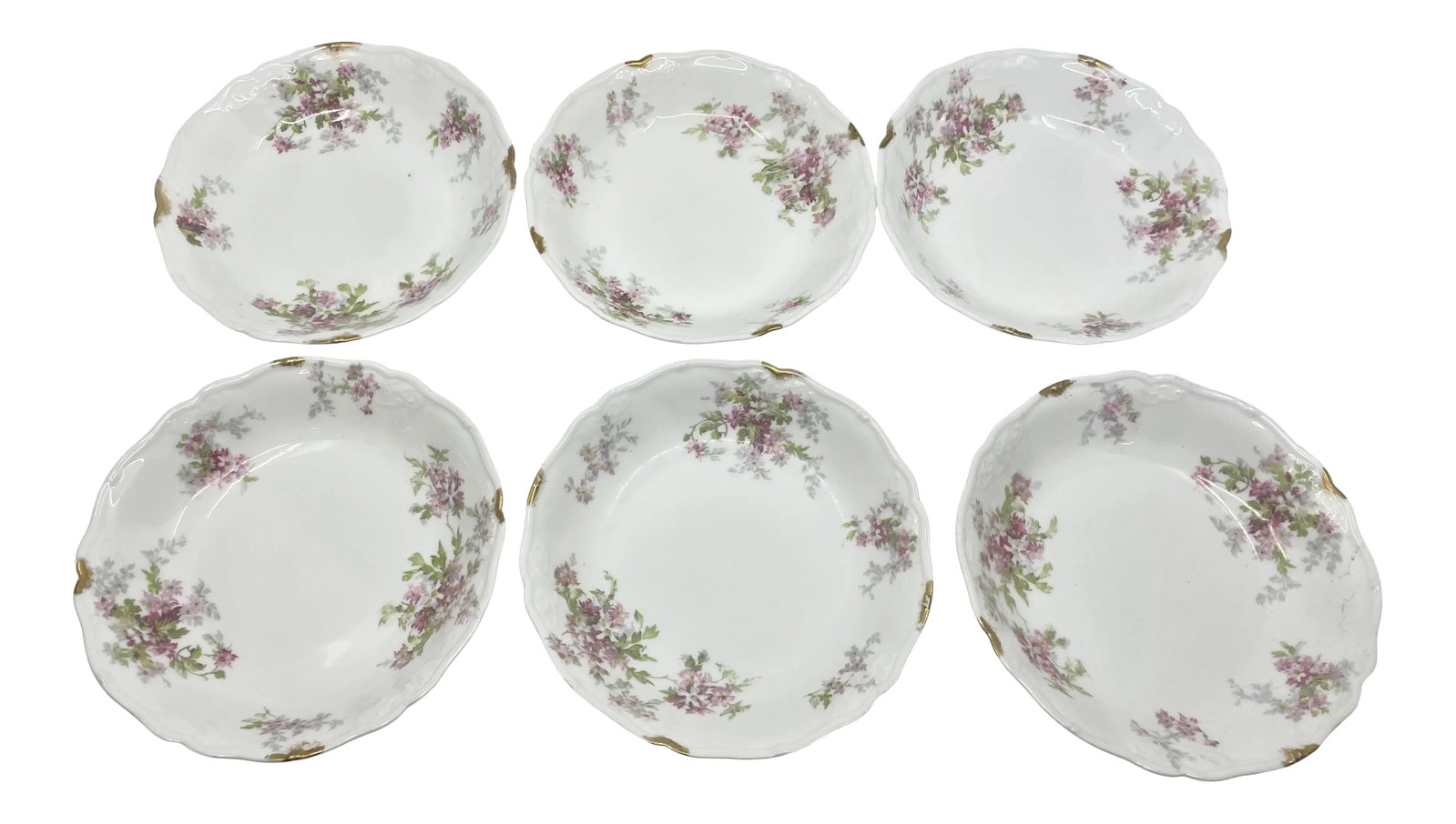 Antique Set of French Pink Floral Limoges- a Set of 6 Bowls: Made in France Limoges. Ahrenfeldt These are bowls a set of 6 Pink green and grey with gold leaf scalloped edges Condition: Alterations: Original Condition Unaltered Imperfections: Some Imperfections