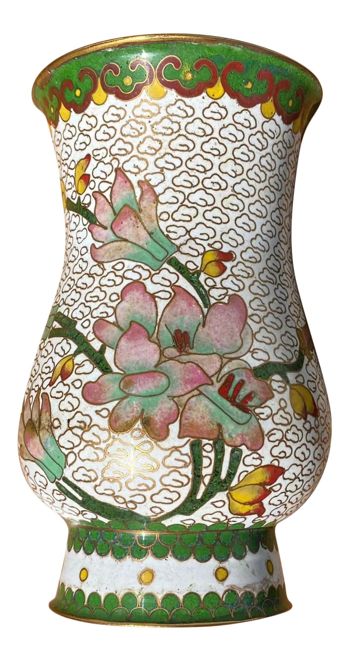 Mid 20th Century Enameled Cloisonne Vase: A lovely vintage cloisonne vase. This vase is made of brass with a lovely enamel cloisonne floral design. The vase measures approximately 5" tall x 3" wide. In very good overall vintage condition. A