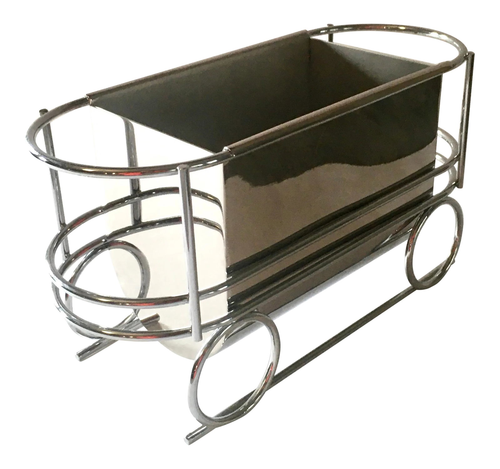 1970s Art Deco Style Chrome Caboose Wine Bottle Trolly: Fun chrome caboose shaped accessory. May be used as a wine bottle trolly to avoid rings marks on the dining table... adding a little whimsy to any table. But may also be used a desk caddy. The insert 