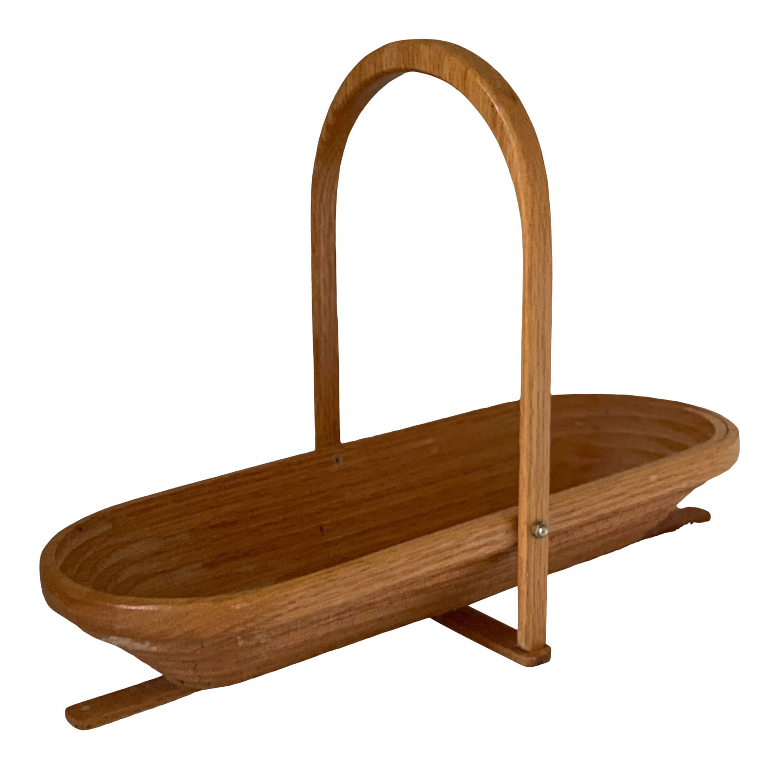 Mid-Century Oak Collapsible Wooden Bowl: Mid-century modern collapsing oak decorative bowl with handle. Gorgeous and unique addition to your decor. Condition: Alterations: Original Condition Unaltered Imperfections: Some Imperfections