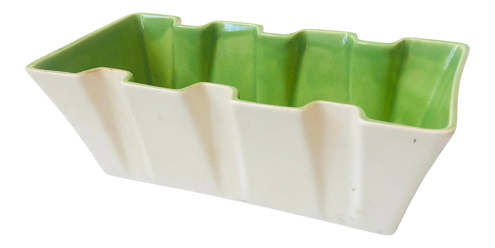 Mid Century Two Toned Pottery Tray With Green Interior: A wonderful mid century two toned pottery tray. White exterior with a bright interior in a long geometric shape. Perfect for using as a catch-all or as a planter. Made by Redwing. Condition: