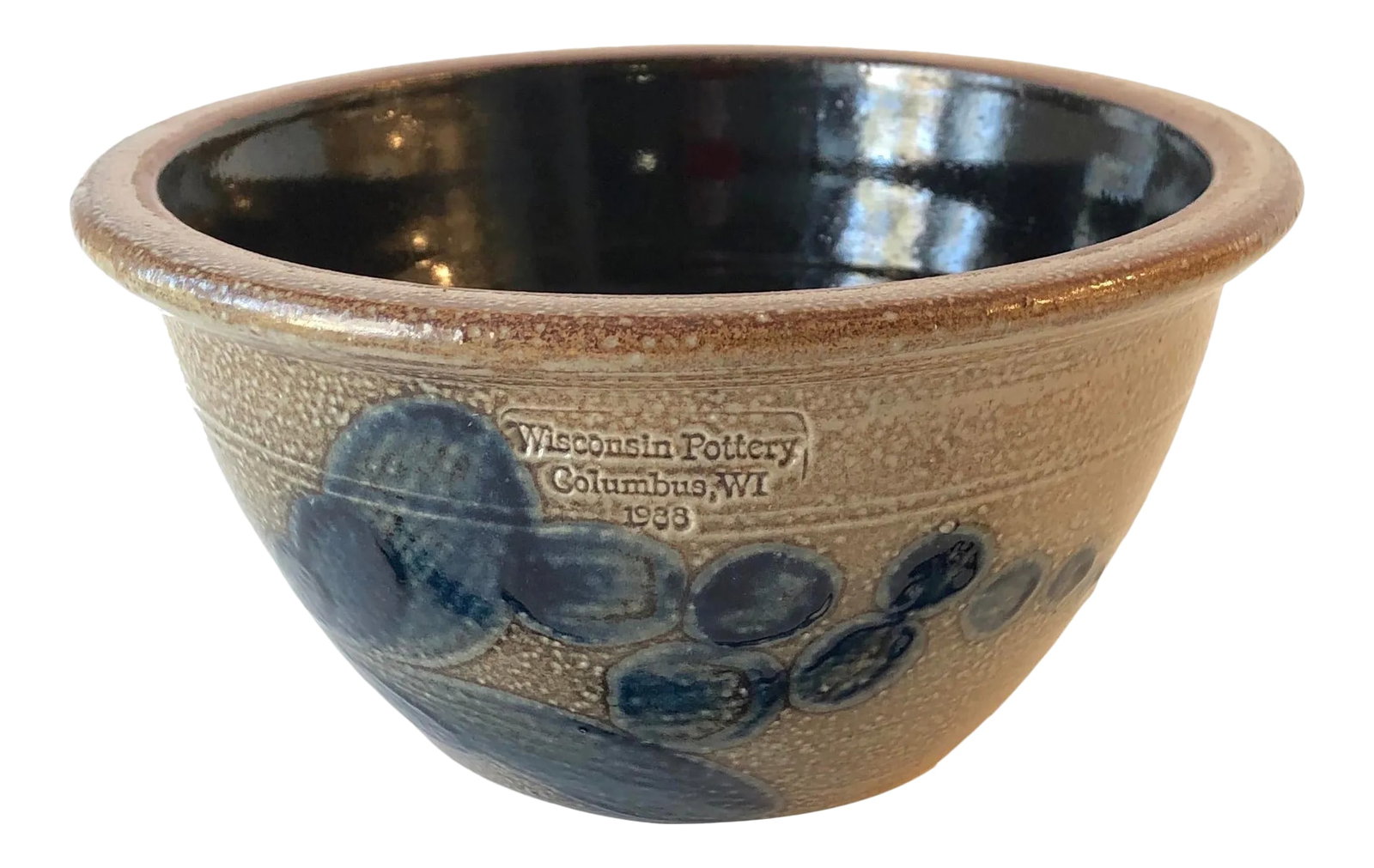 Salt Glazed Berry Bowl - Vintage Farmhouse: Useful Wisconsin Pottery (of Columbus WI) serving or mixing bowl in the the Early American stoneware, salt-glazed style. This item is an authentic hand-turned, hand-painted, salt-glazed stoneware