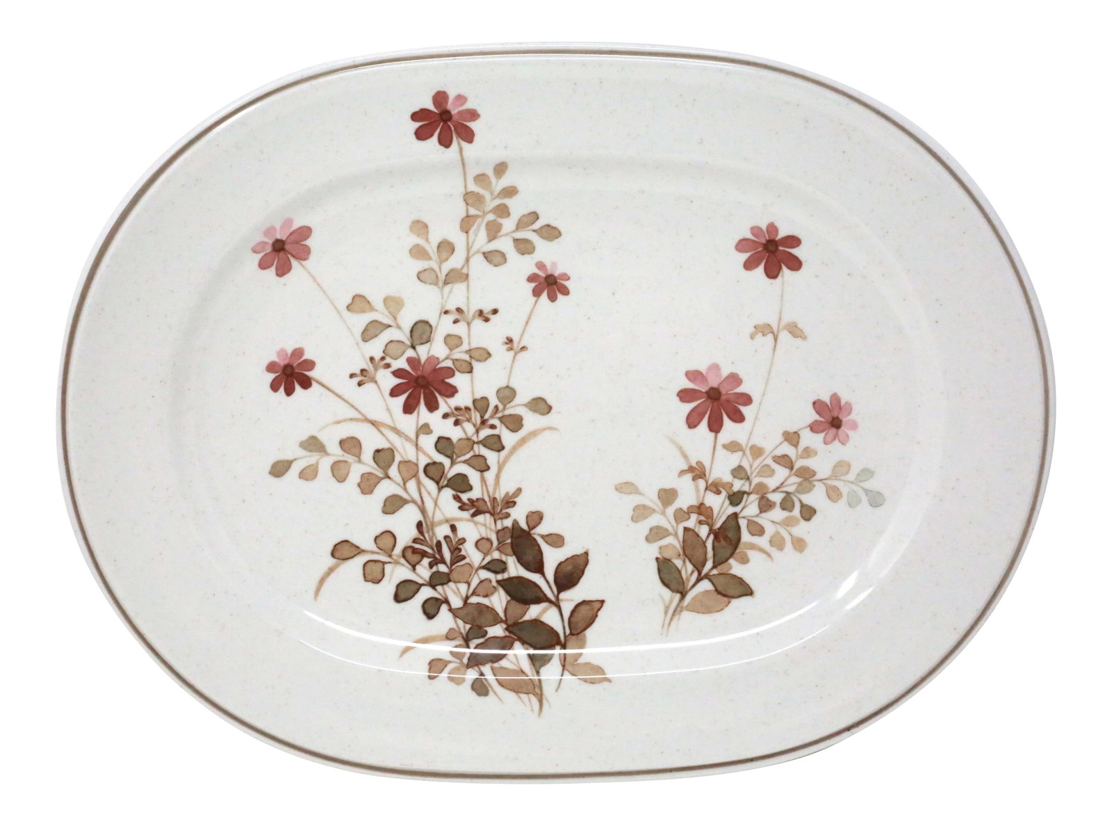 1970's "Outlook" Floral Platter by Noritake: A 13" oval ceramic platter by Noritake, in the "Outlook" pattern. No chips or cracks. Condition: Alterations: Original Condition Unaltered Imperfections: Some Imperfections Condition Notes: Good