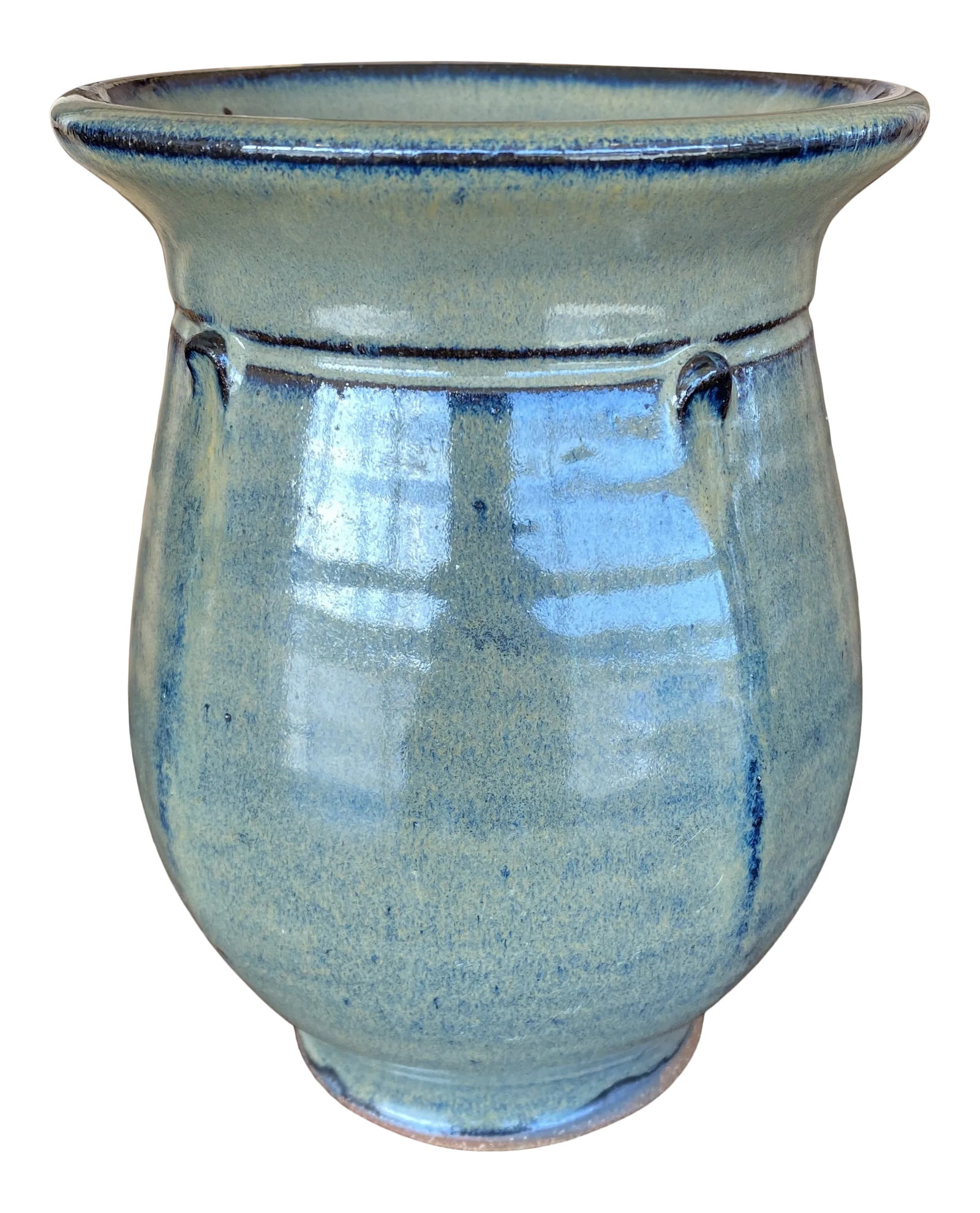 1960s Art Deco Style Studio Pottery Vase: Beautiful grayish blue studio pottery urn or vase. This folk art pottery piece comes with wonderful Art Deco accents. Condition: Alterations: Original Condition Unaltered Imperfections: Some