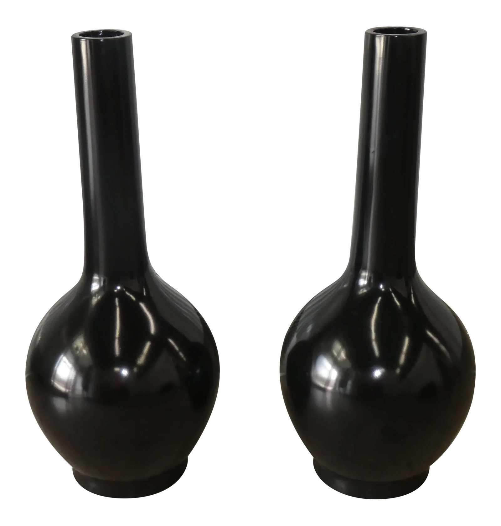 Large 1970's Black Bulbous Statuesque Floor Vases: Large 1970's Black Bulbous Statuesque Floor Vases from Karl Springer showroom unsigned in vintage condition without blemishes Condition: Alterations: Original Design Modified Imperfections: Some