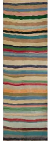 1970s Scandinavian Style Kilim Rug: Vintage Persian Kilim area rug featuring an Scandinavian design in a multi-color palette. Hand-woven from a luxurious natural wool on a cotton foundation. Condition: Alterations: Original Condition