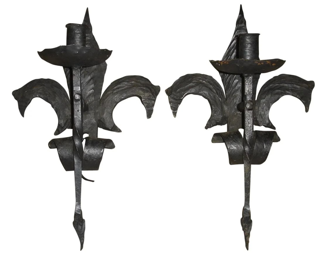 19th Century French Forged Iron Fleur De Lis Torchere Sconces - a Pair - 2