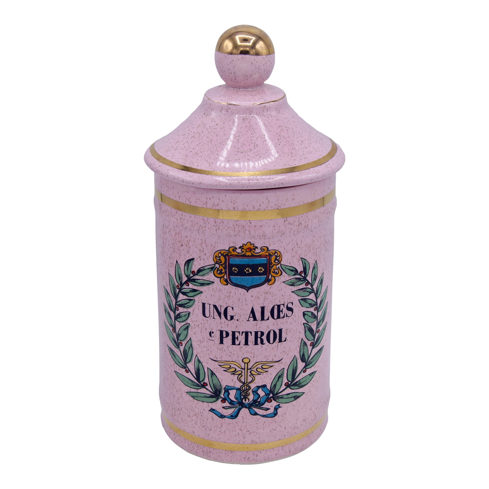 Large Vintage French Pink Ceramic Apothecary Jar: A large vintage French pink ceramic apothecary jar with gilt accents, circa 1970s. The perfect gift for someone in the medical field! Excellent Condition 11 inches tall Condition: Alterations: