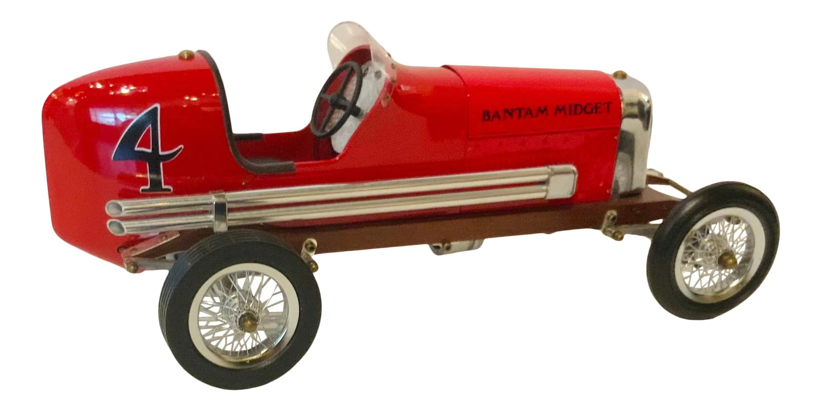 Style Red Polished Bantam Midget Model Car: Rare Vintage Style Silver Polished Bantam Midget Model, chrome finished metal accents, black #4, showroom floor Sample Condition: Imperfections: Some Imperfections Condition Notes: Showroom floor