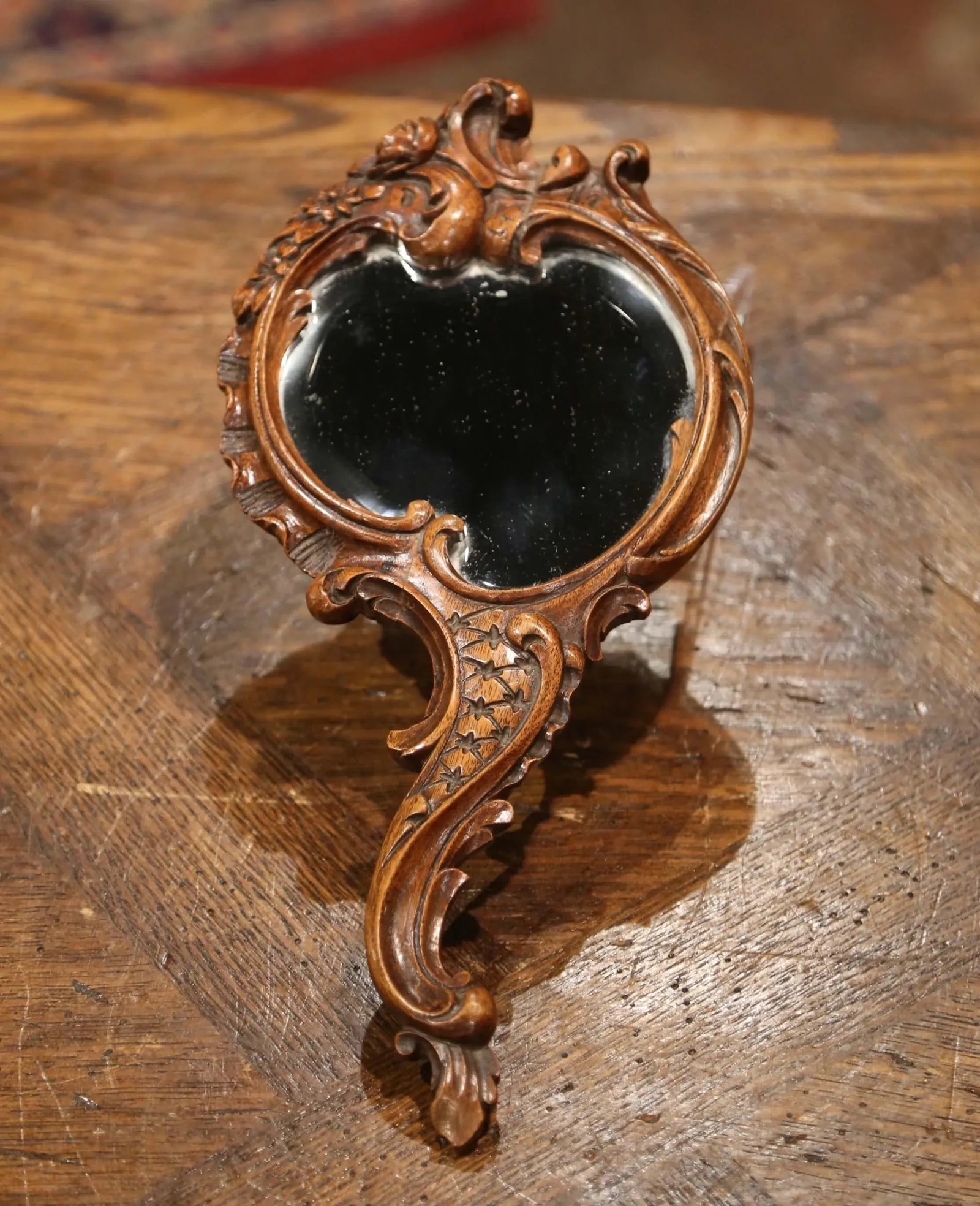19th Century French Black Forest Carved Walnut Hand Mirror With Beveled Glass - 2