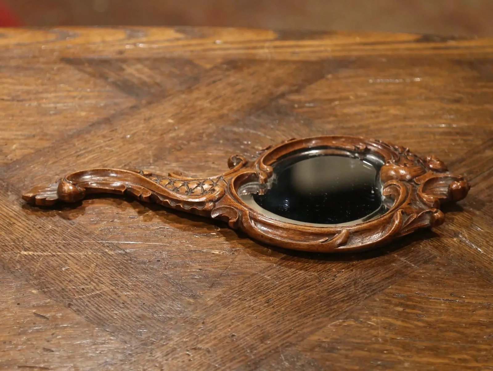 19th Century French Black Forest Carved Walnut Hand Mirror With Beveled Glass - 3