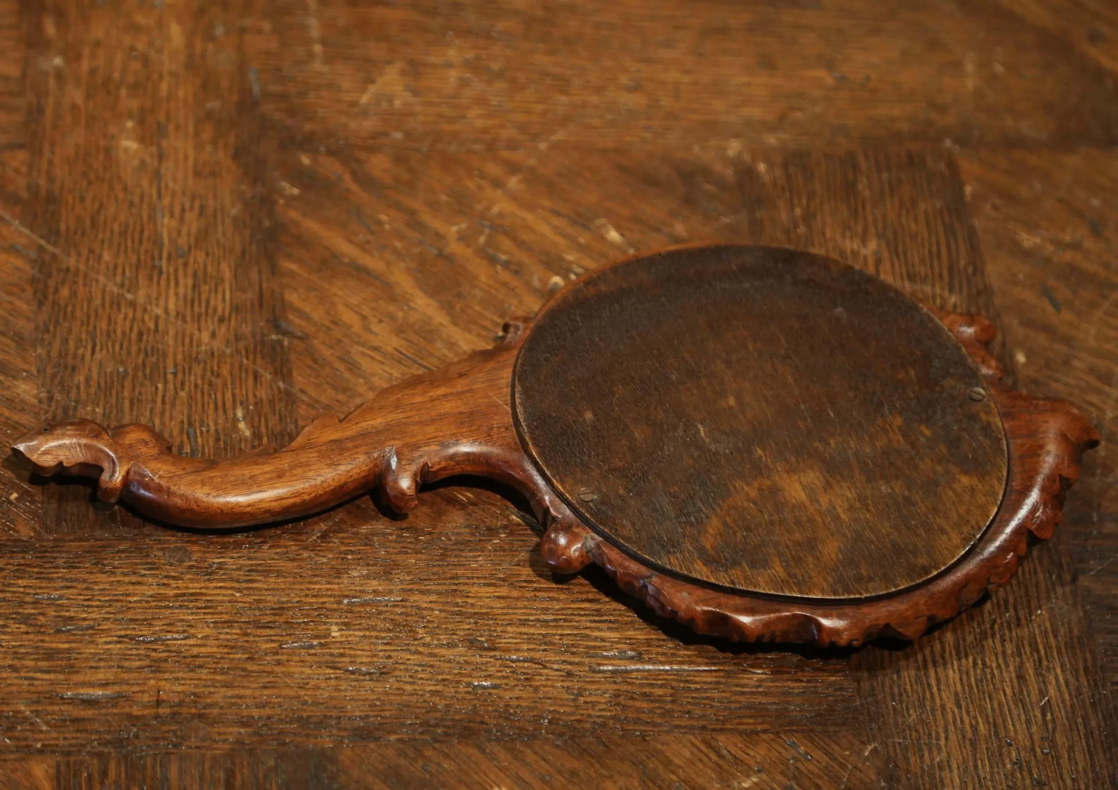 19th Century French Black Forest Carved Walnut Hand Mirror With Beveled Glass - 7