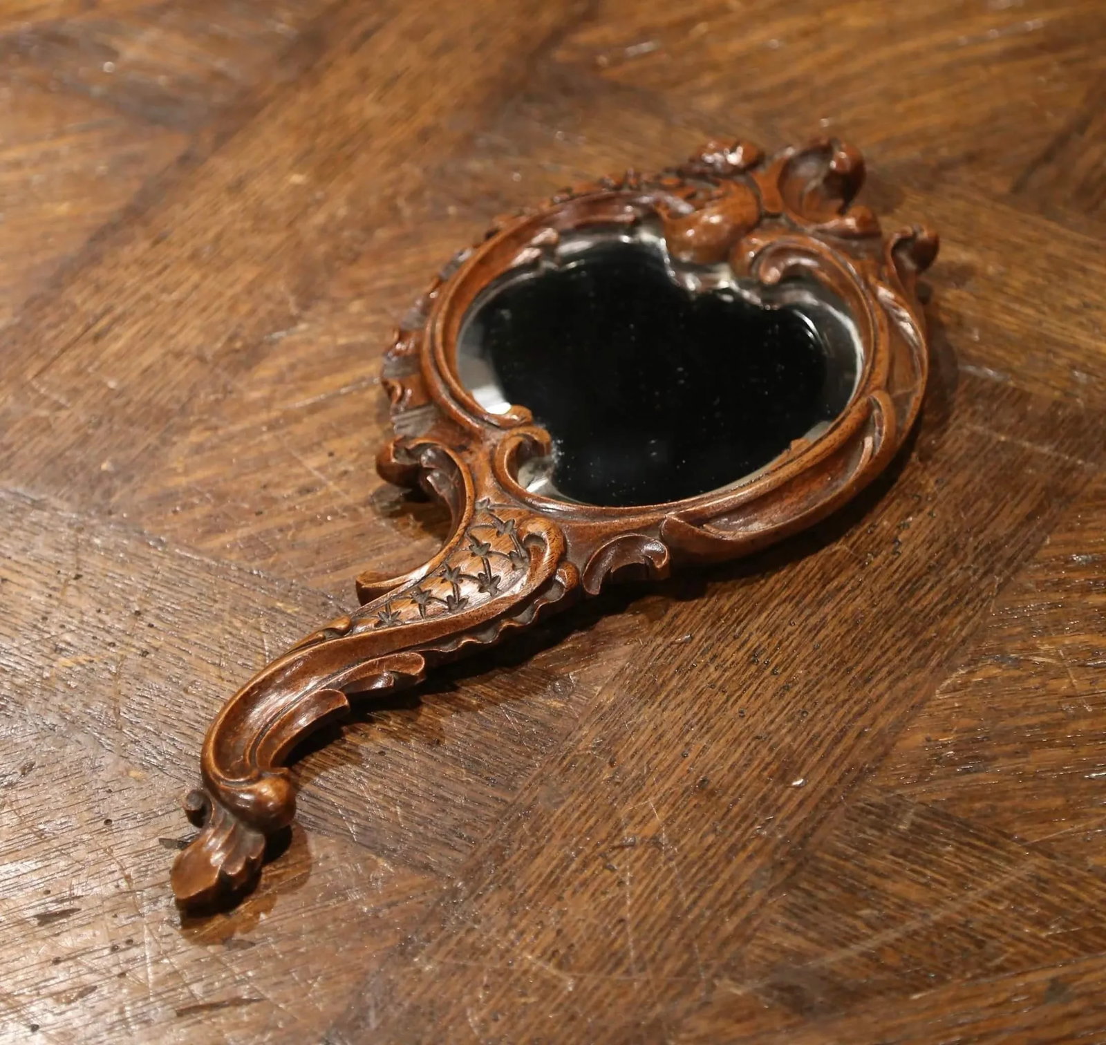 19th Century French Black Forest Carved Walnut Hand Mirror With Beveled Glass - 8